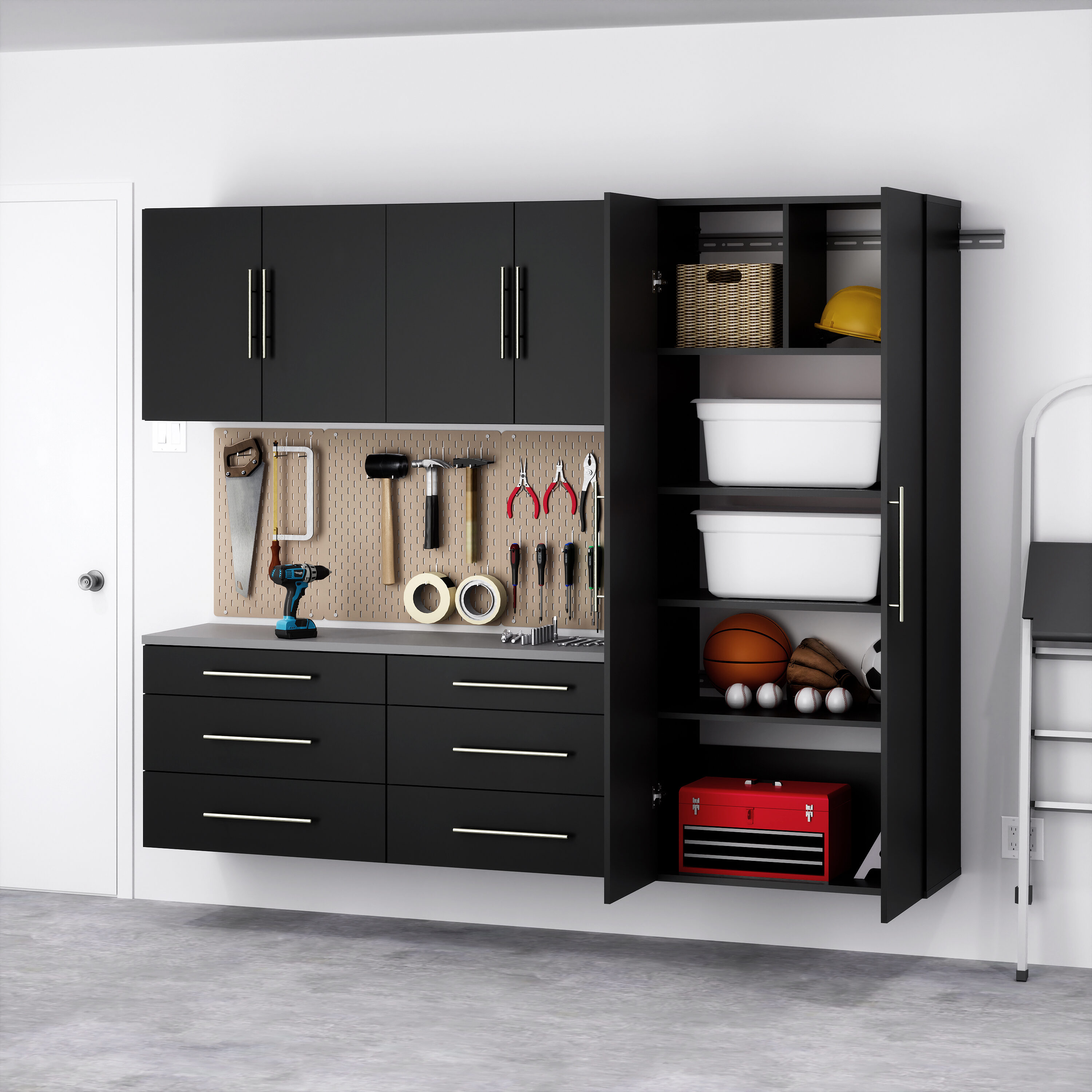 Prepac 5-Cabinets Composite Wood Garage Storage System in Black (90-in ...