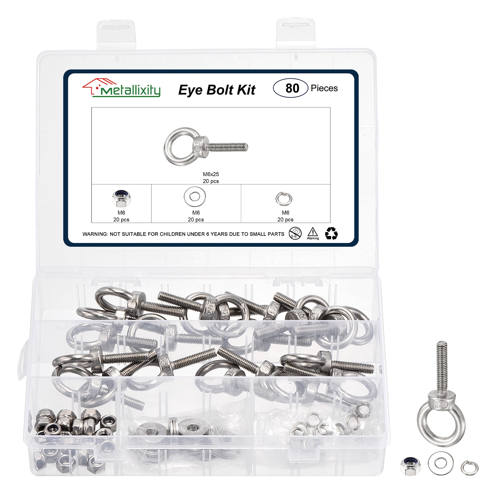 Unique Bargains Shoulder Eye Bolt with Spring Washers and Flat Washers and Lock Nuts (M6x25mm) 20set 304 Stainless Steel Machinery Lifting Ring Threaded Eye Bolt - for Load Hoisting Silver #S26072900UX4704