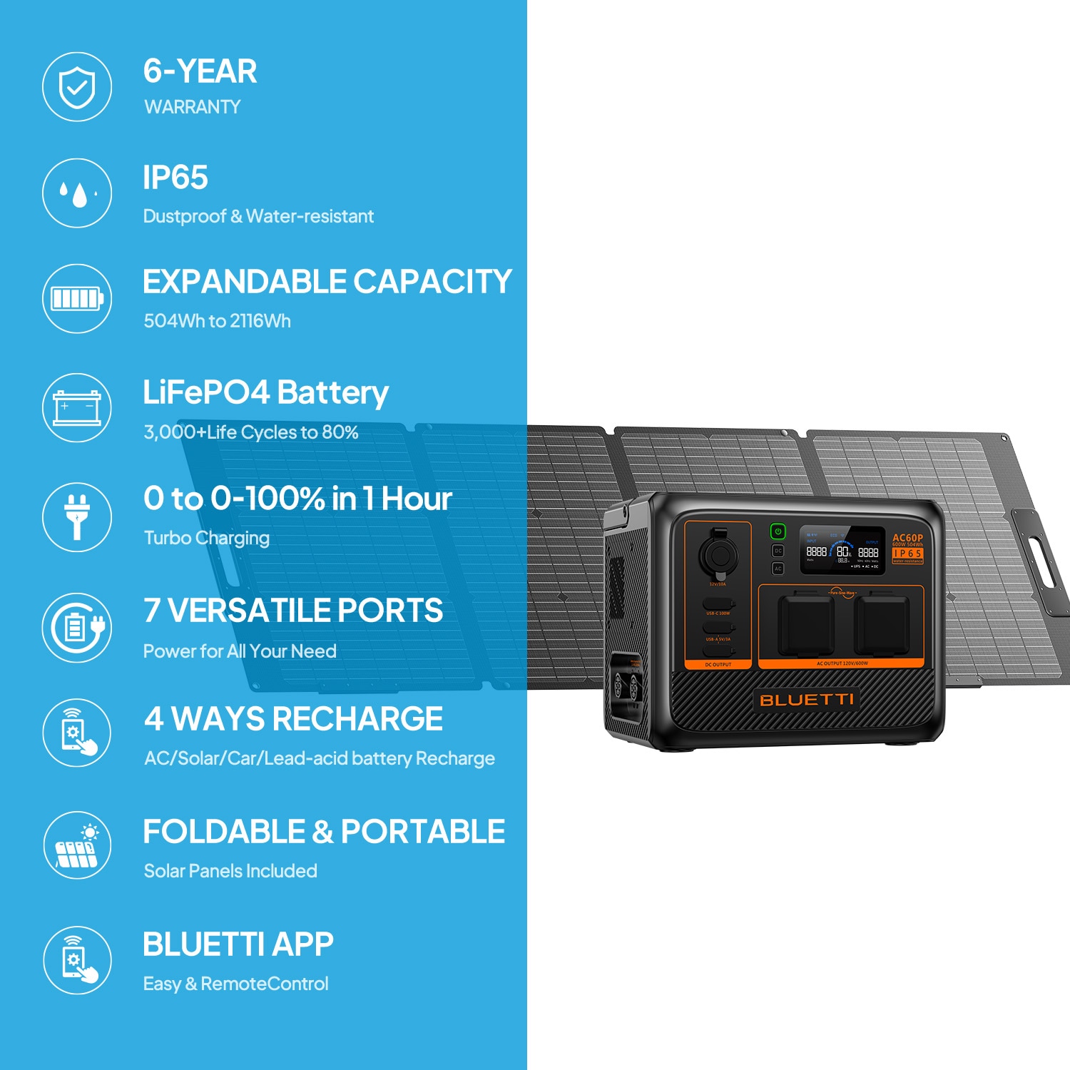 BLUETTI Premium Series IP65 504Wh 600-Watts Portable Power Station (1 Solar Panel Included) AC60P+PV120-LWSUS Sansujyuku sansujyuku.com