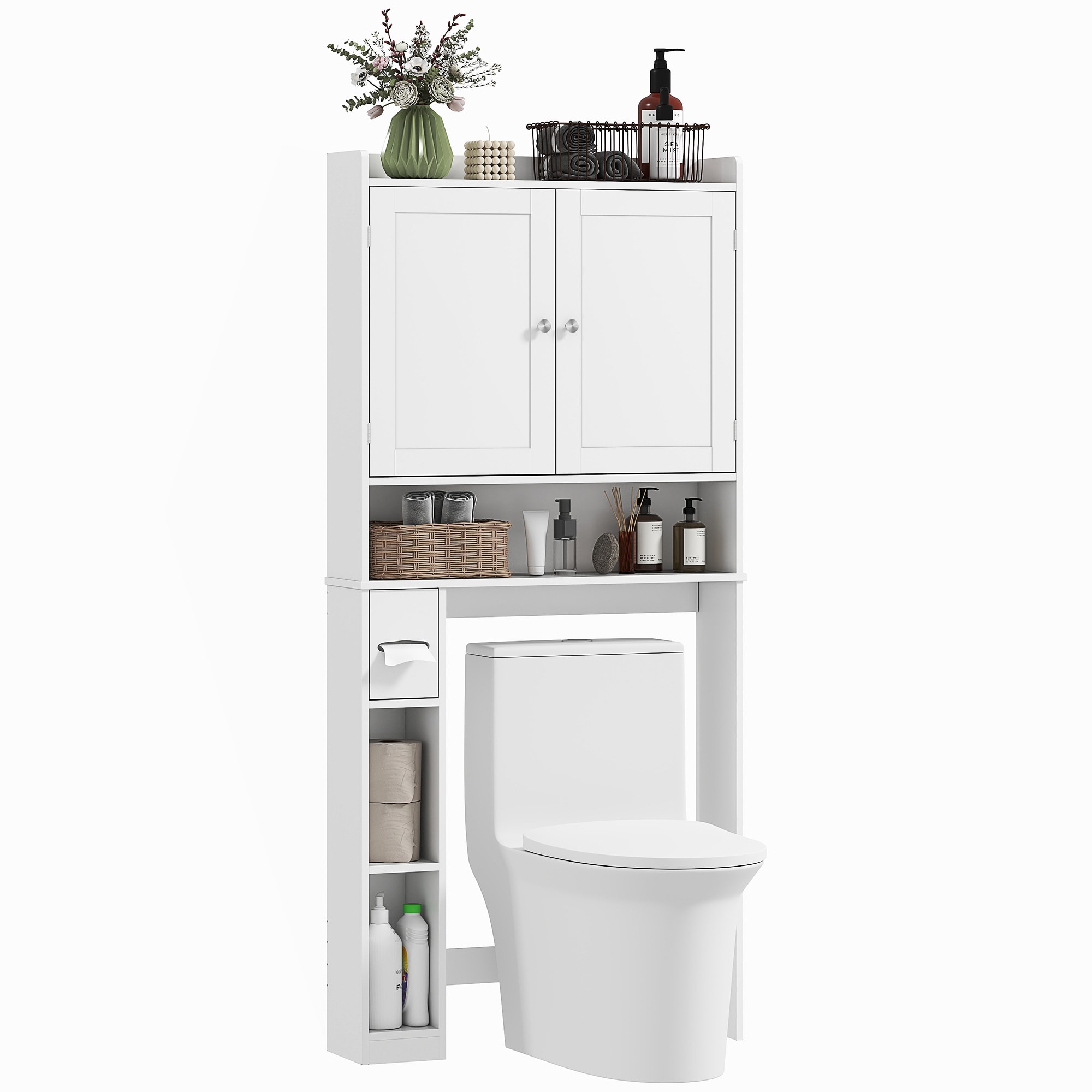 HomCom 834-861V80WT Over the Toilet Storage Cabinet Modern Above Toilet Bathroom Organizer with 2 Doors Storage Shelves Toilet Paper Holder Freestanding Space Saver for Bathroom Laundry White