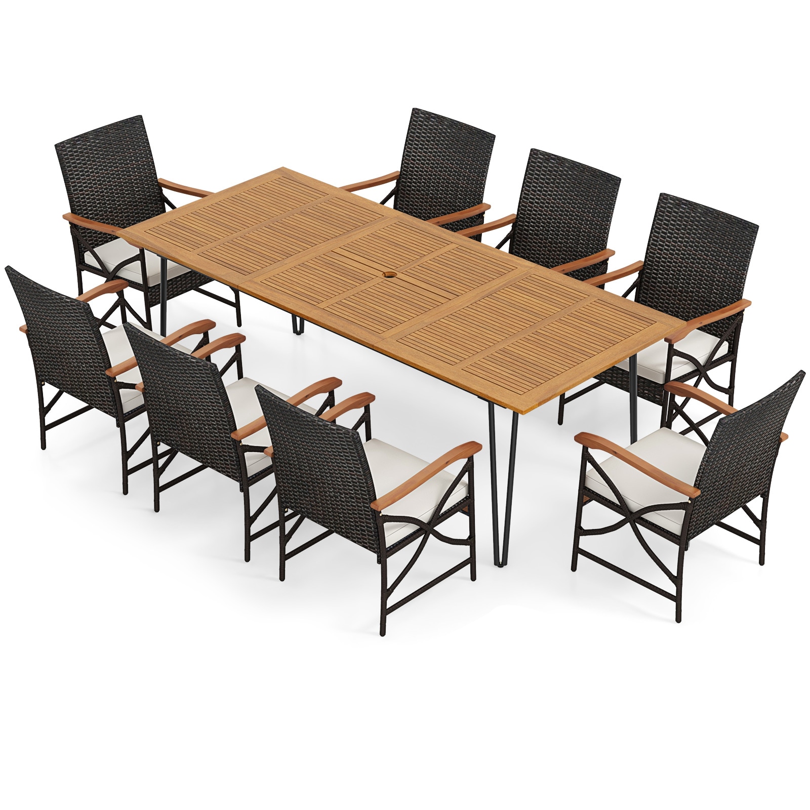  AA245832 9 -Piece Mix Brown Rattan Patio Dining Set Wood Rectangle Table with 8 Off-white Cushions Stationary Chairs