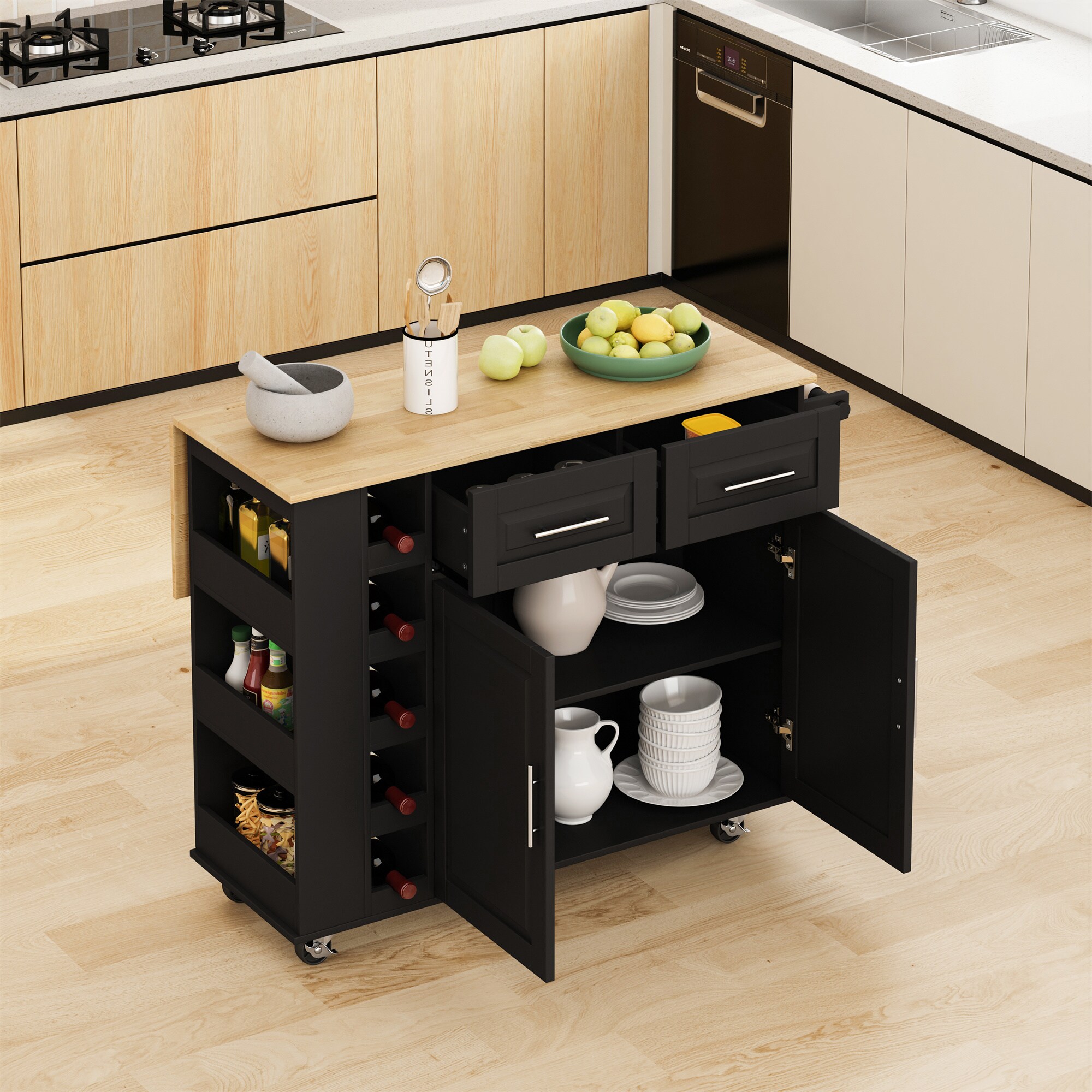 BABOOM White Mdf Base with Wood Top Rolling Kitchen Island (29.92-in x 46.46-in x 35.83-in)