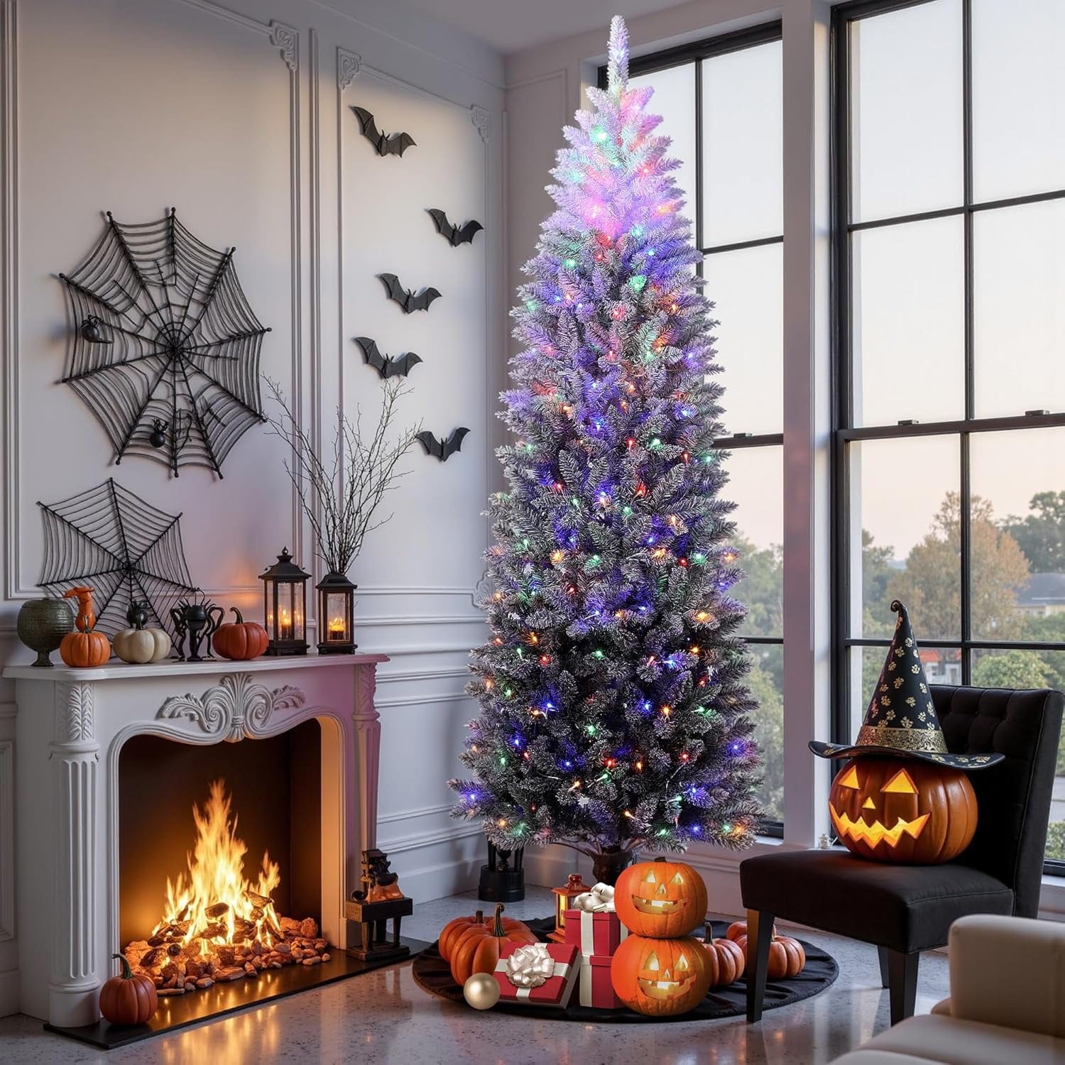 GAOMON 7.5Ft Slim Pencil Artificial Christmas Tree- Snow Flocked Frosted Space Saving Design- Hinged Lightweight Xmas Tree for Home Office Holiday Decor