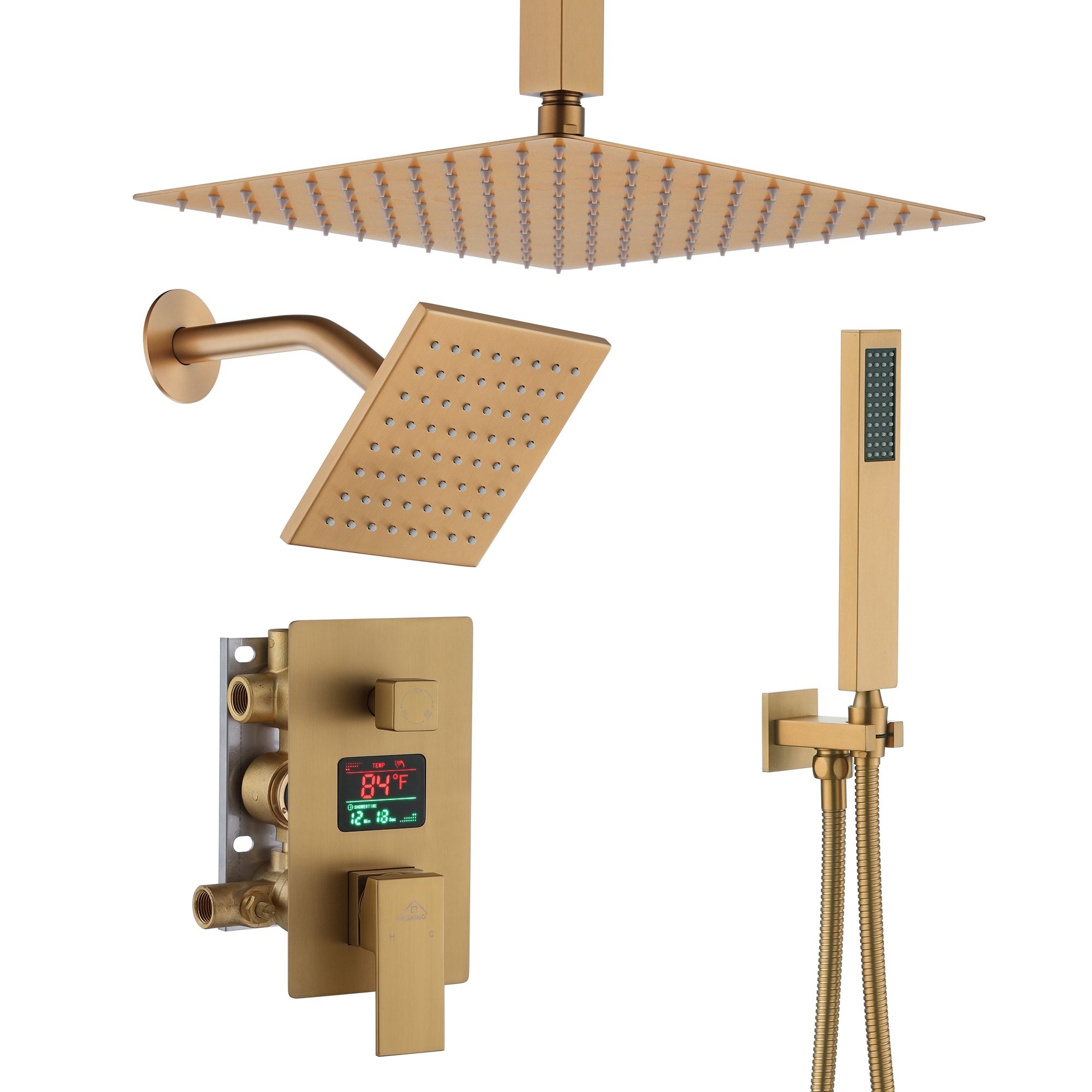 CASAINC WE-SS12BN Luxury Brushed Gold 12-in Built-In Shower Faucet System with 3-way Diverter ( Thermostatic Valve Included )
