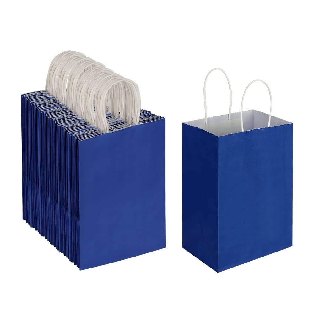 Afoxsos 100 pack small royal blue kraft paper bags with handles 5 pound capacity 5 25 x 3 25 x 8 25 inch for party favors gifts shopping retail #L05AF08011