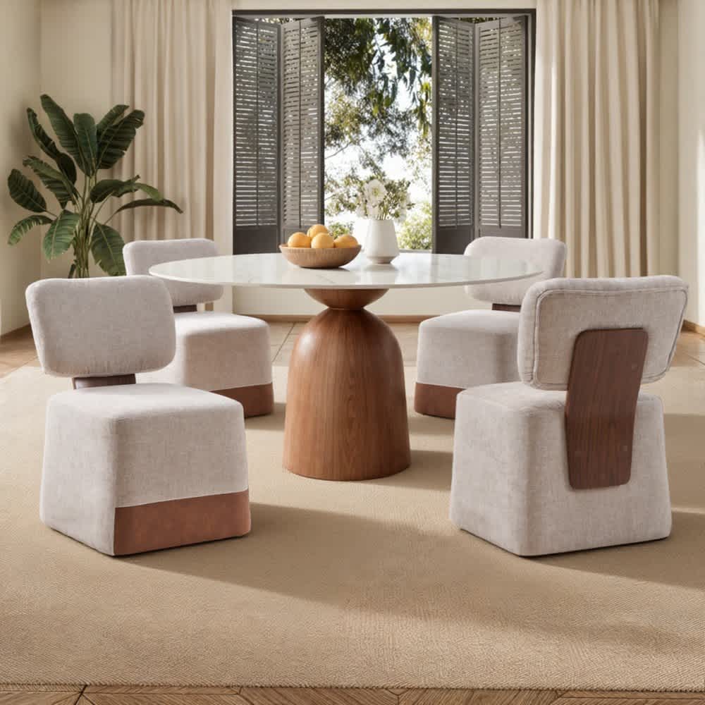 Coolbibila Set of 4 Upholstered Armless Dining Chairs with Casters Beige Linen Accent Chairs with Wheels Modern Rolling Chairs for Dining Room