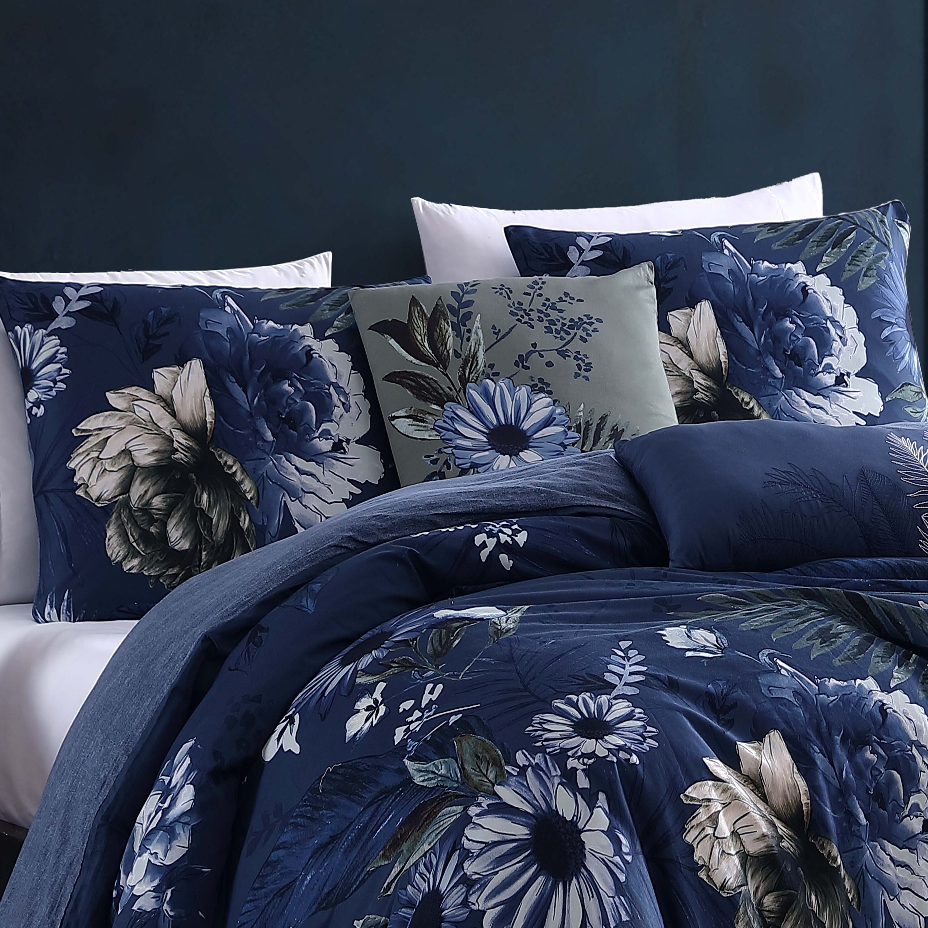 BEBEJAN Delphine 5 Piece Comforter Set Navy Floral Reversible Queen ...