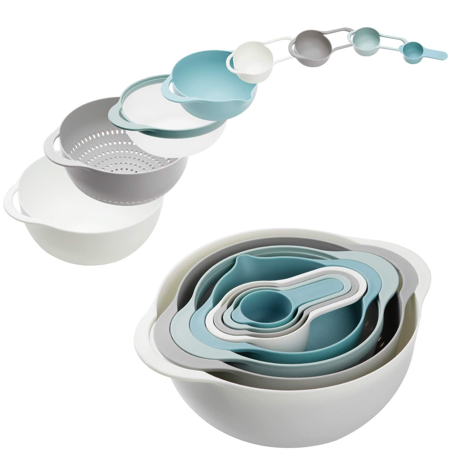 DHMHD  Plastic Mixing Bowls Set of 8 Multicolored Nesting Bowls with Measuring Cups Colander and Sifter for Cooking Baking and RV Camping