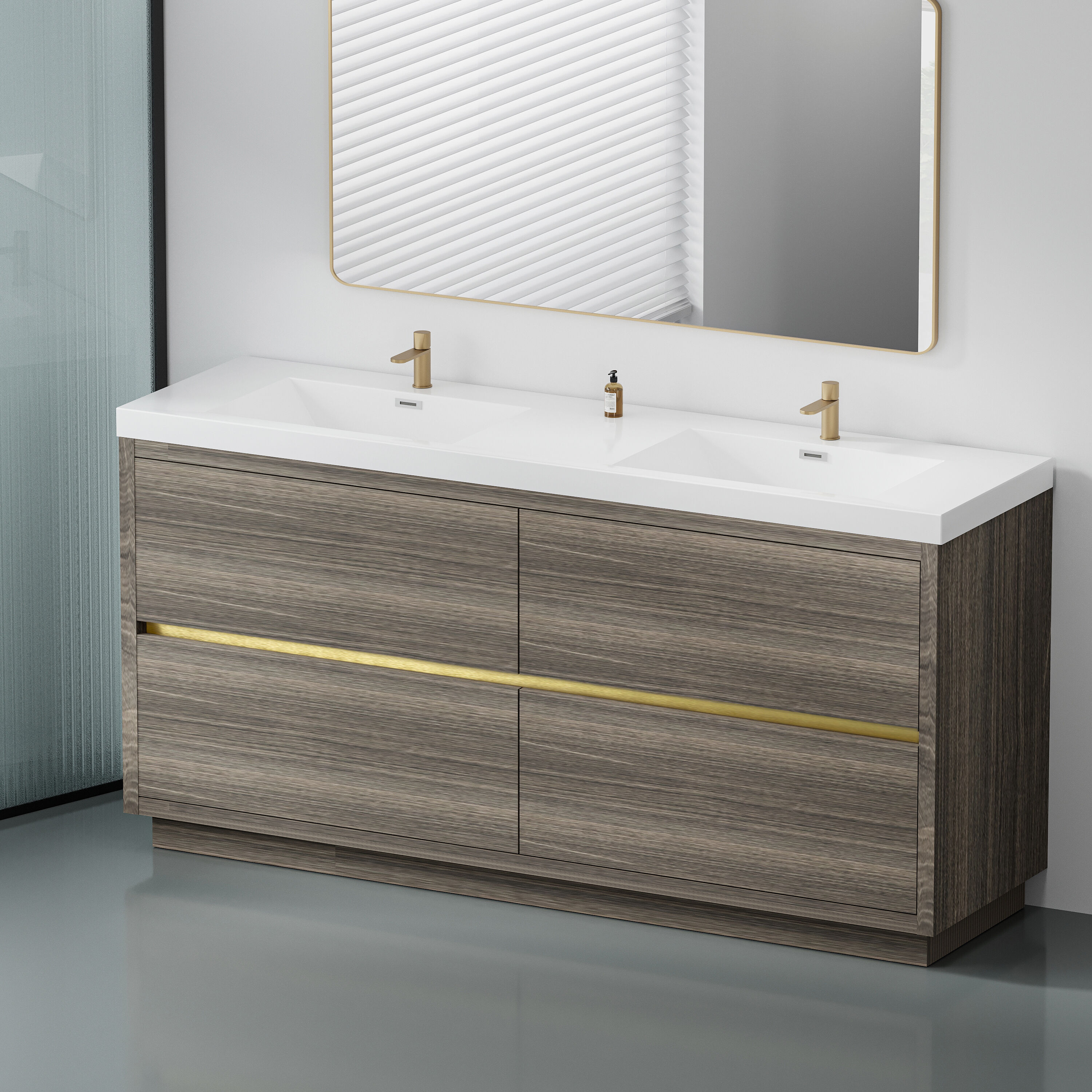 WELLFOR ABH-TGN72 72-in Brown Double Sink Bathroom Vanity with White Solid Surface Top