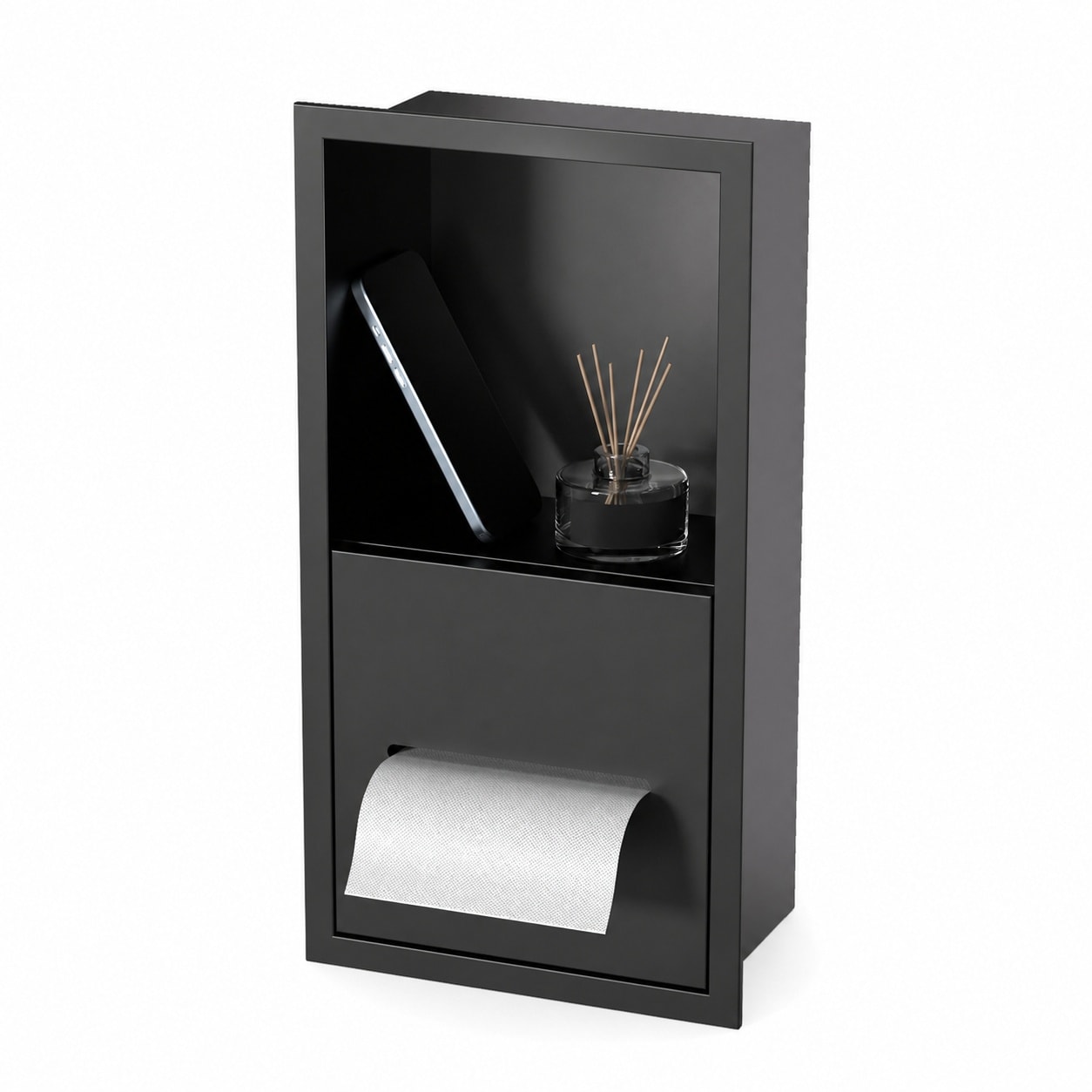 Aoibox  Matte Black Recessed Wall Niche Toilet Paper Holder with Storage Shelf and Enclosed Dispenser 15 9 x 7 9
