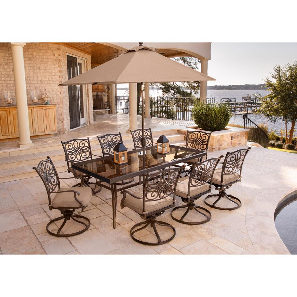 Hanover Traditions 9-Piece Bronze Aluminum Patio Dining Set with Beige Cushions