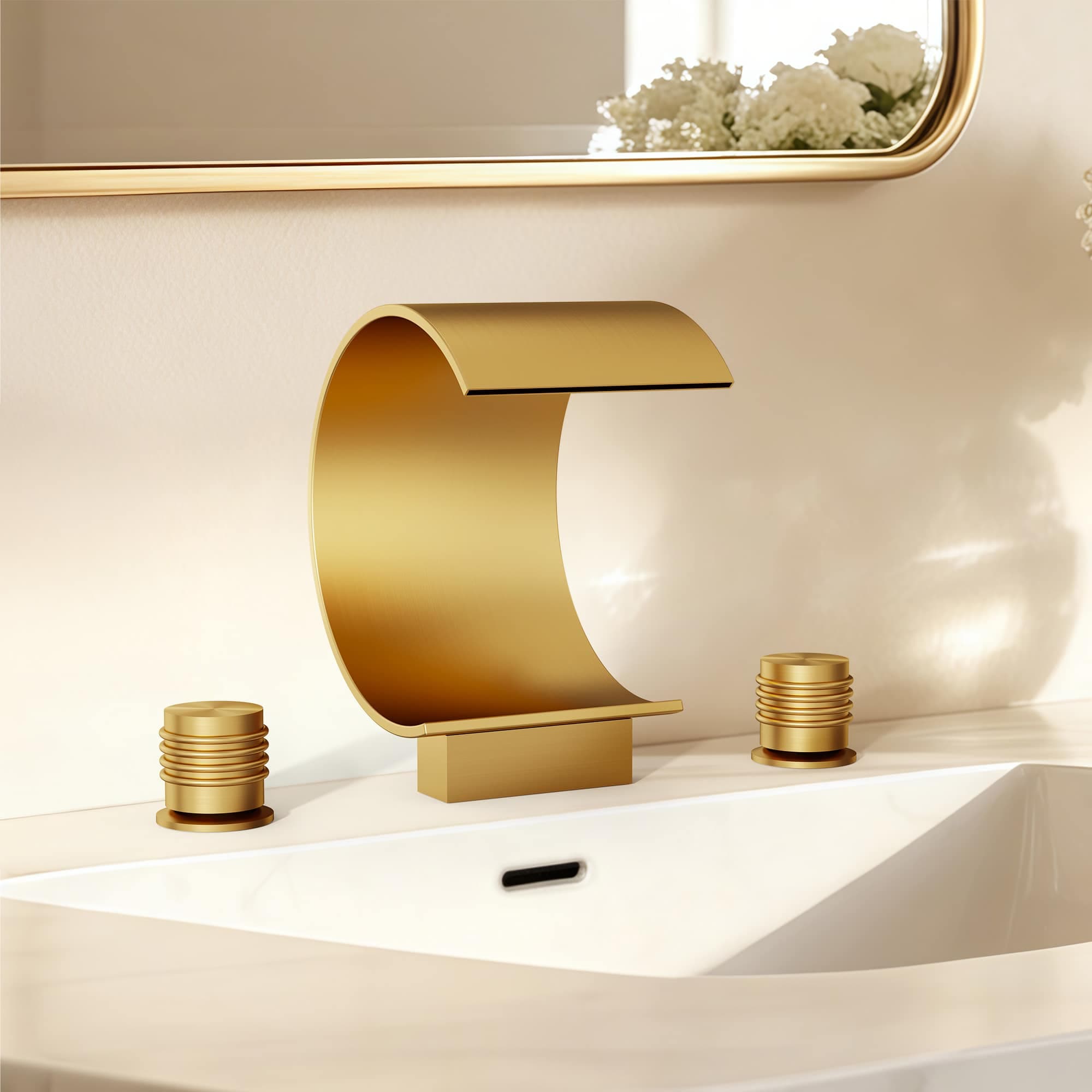 EVERSTEIN Brushed Gold Waterfall Curved Spout Bathroom Faucet with Drain Assembly 3-Hole 8 in. Widespread 2-Handle Bathroom Sink Faucet Pop-Up Drain Included