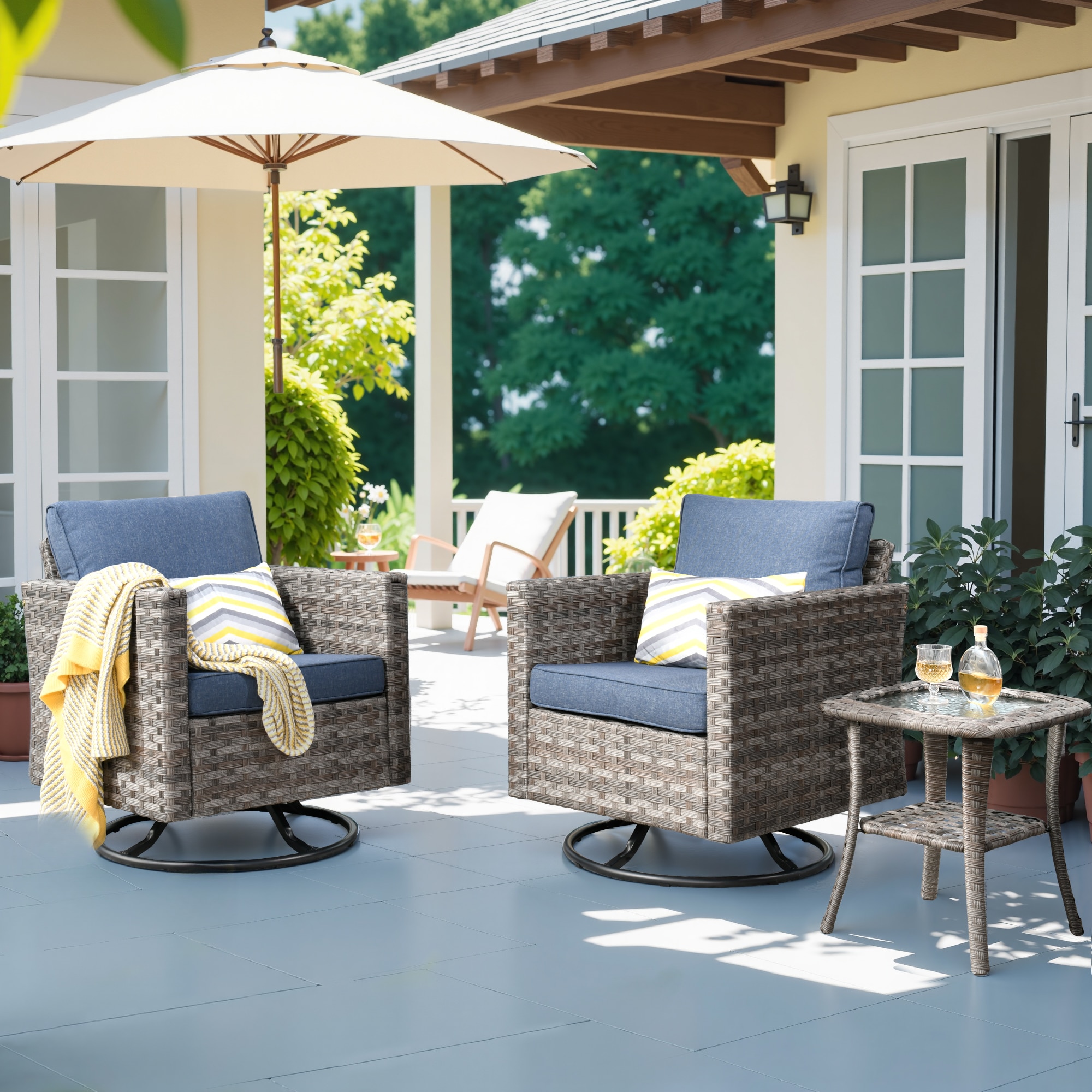 Pouuin SYZBBR3-3 3 -Piece Rattan Patio Conversation Set with Blue Cushions