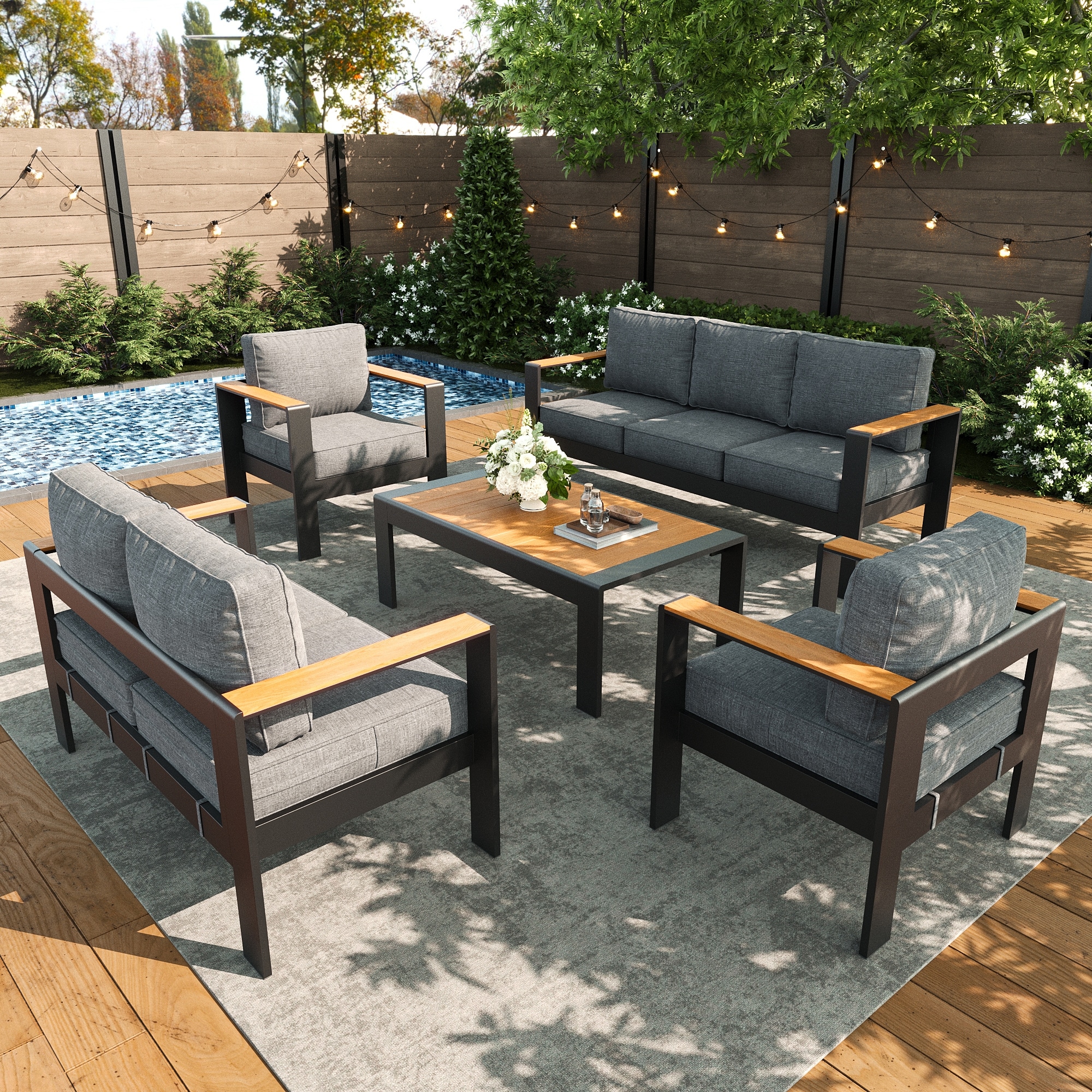 LayinSun AL5002-5-02 5 -Piece Outdoor Aluminum Patio Conversation Set with Dark Gray Cushions