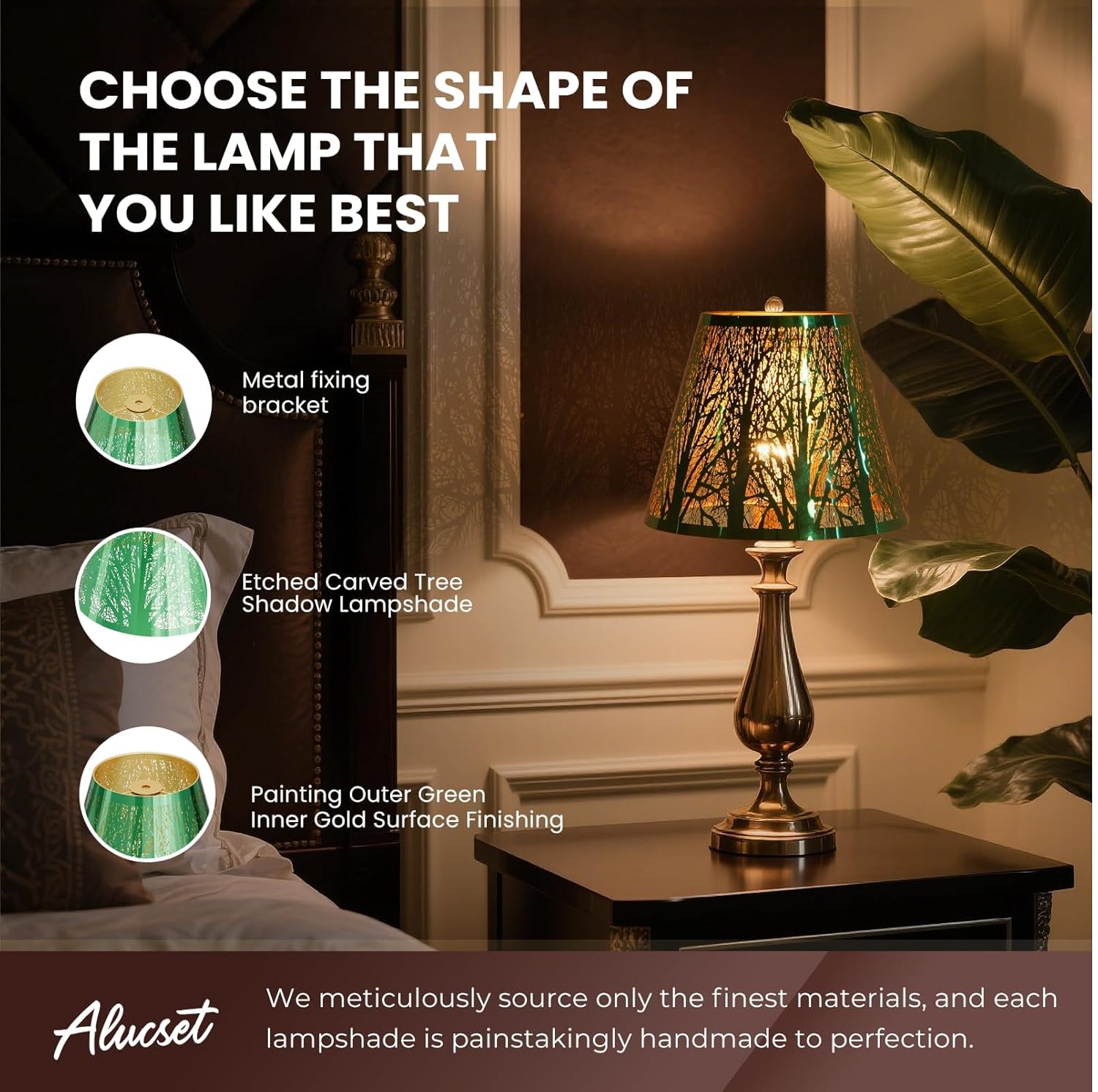 Alucset Metal Drum Lamp Shade with Etched Forest Pattern Spider Fitter 5-in Top x 9-in Bottom x 7-in Height Green Exterior Gold Interior