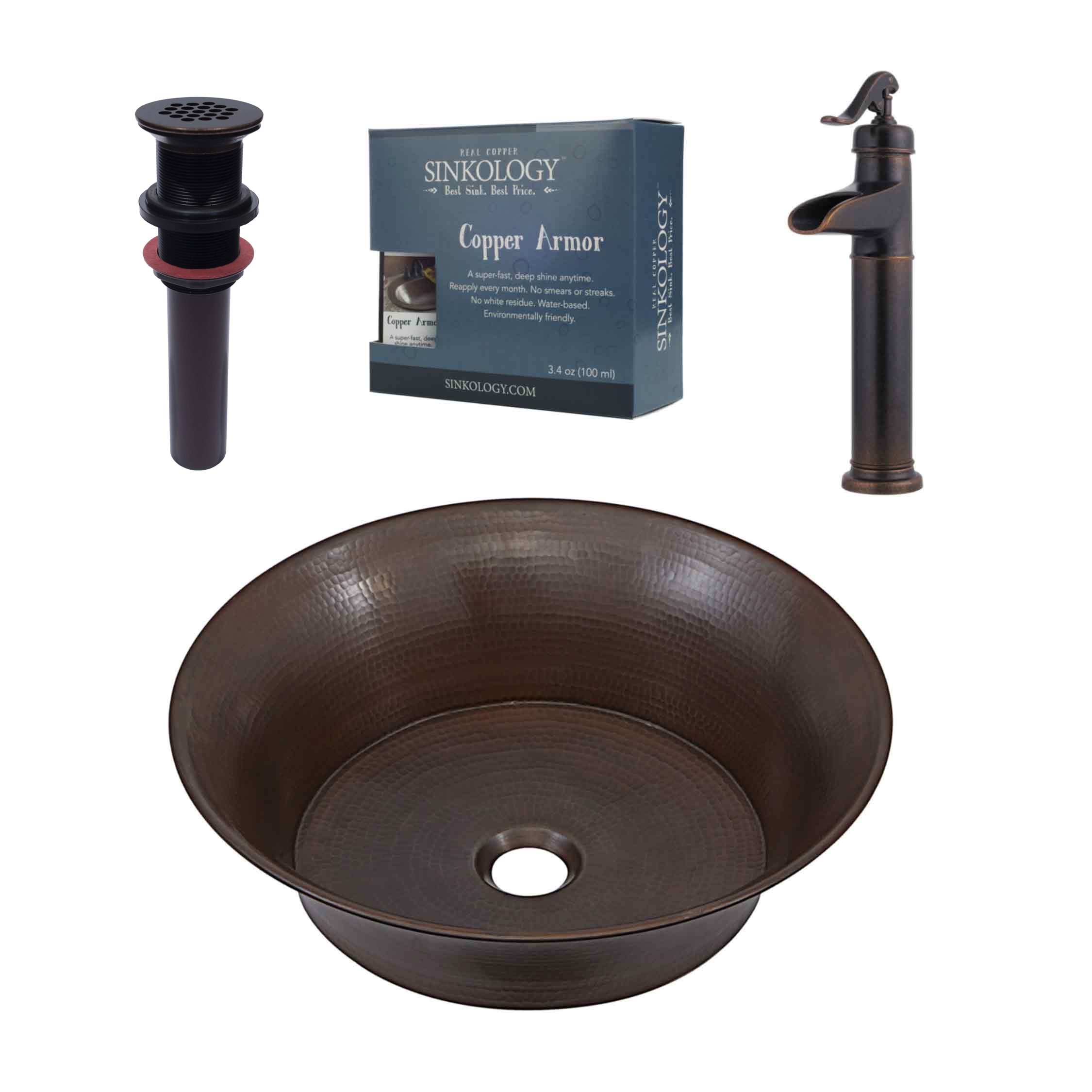 SINKOLOGY SB303-16AG-F040 Copernicus Copper Vessel Round Rustic Aged Copper Bathroom Sink with Faucet Included with Drain Included ( 16-Inches x 16-Inches )