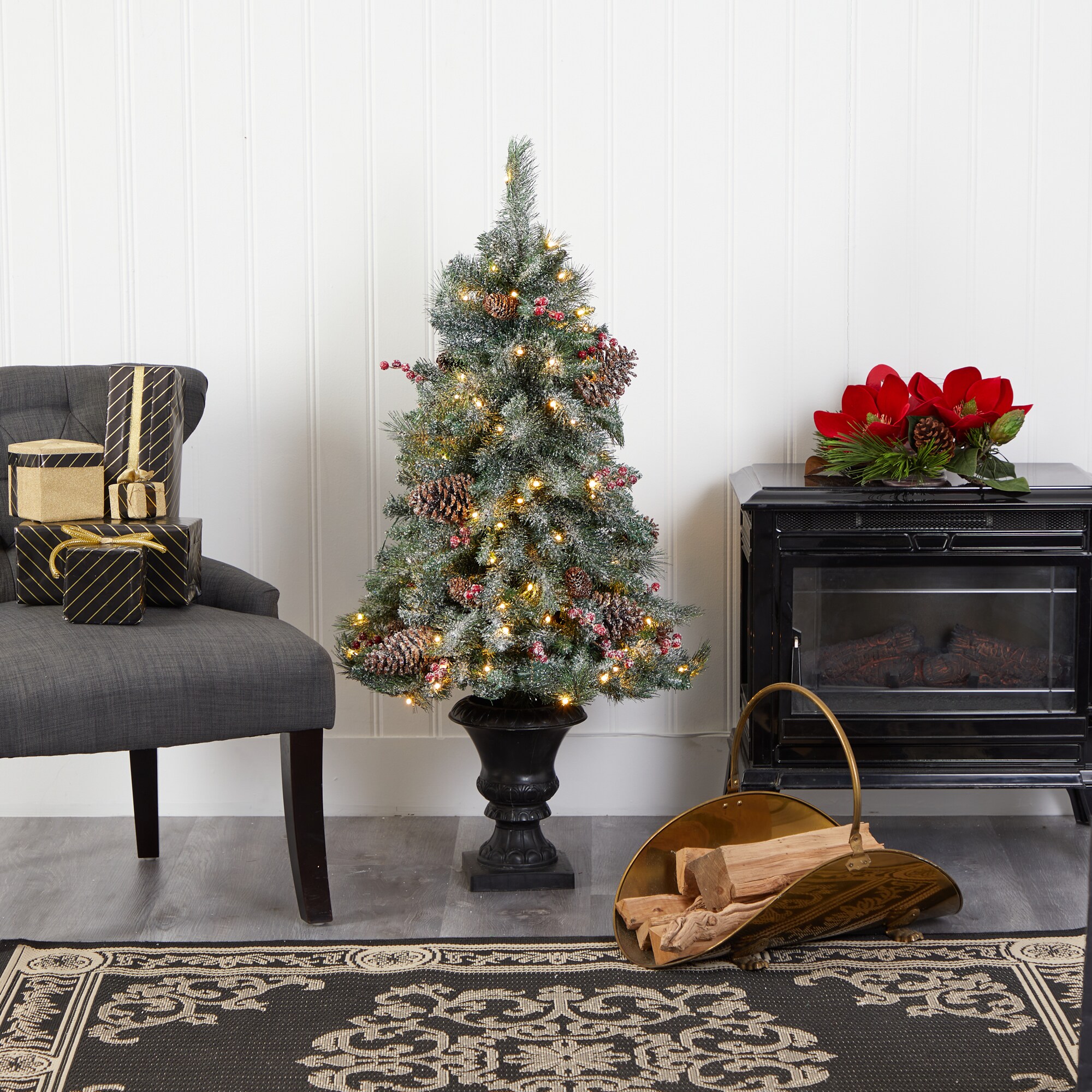 4-Foot Frosted Pine Artificial Christmas Tree with LED Lights in Decorative Urn