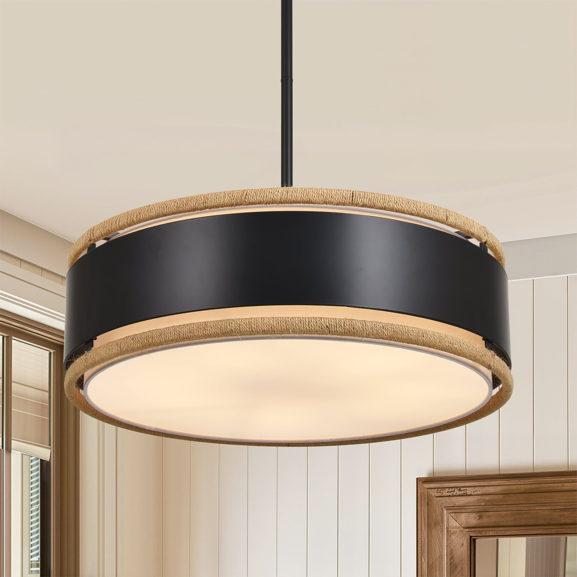 Zjvaive 21.65-in 5-Light Matte Black Farmhouse Drum Chandelier With Coastal Rope White Fabric shade