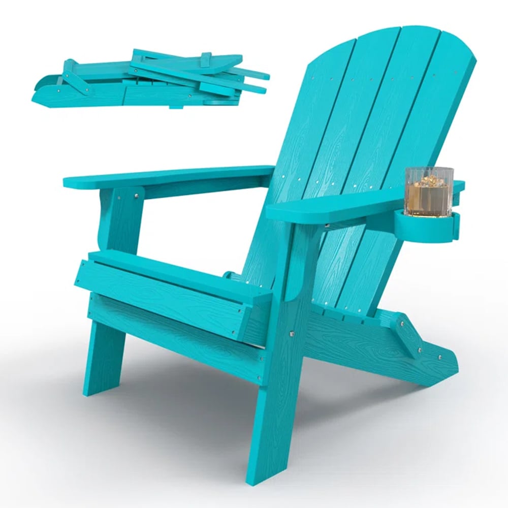 WINSOON YZ8003 Aruba Folding Adirondack Chair with Cup Holder Aruba Plastic Frame Stationary Adirondack Chair with Blue Slat Seat