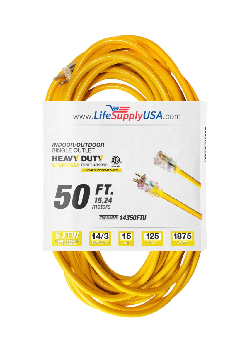 25Ft Indoor Outdoor Extension Cord, Yellow 14AWG/15A 3 Prong Plug