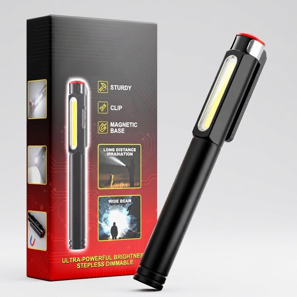 Justincity  Rechargeable Pen Light 800 Lumens 6 Mode LED and COB Magnetic Flashlight with Clip Waterproof 5.39 in 1 Piece for Work Emergency