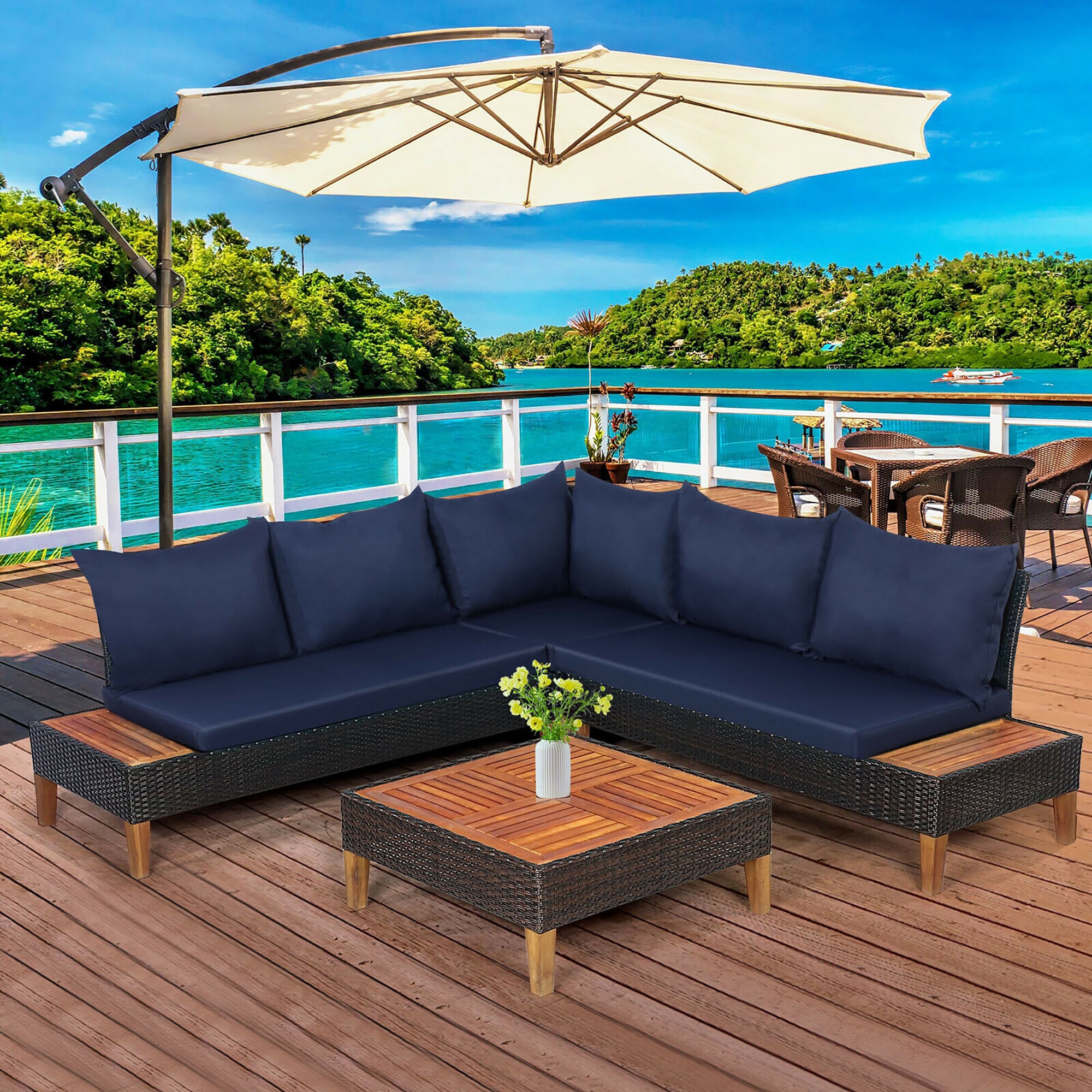 BABOOM 4-Piece Rattan Patio Conversation Set With Blue Cushions In The ...