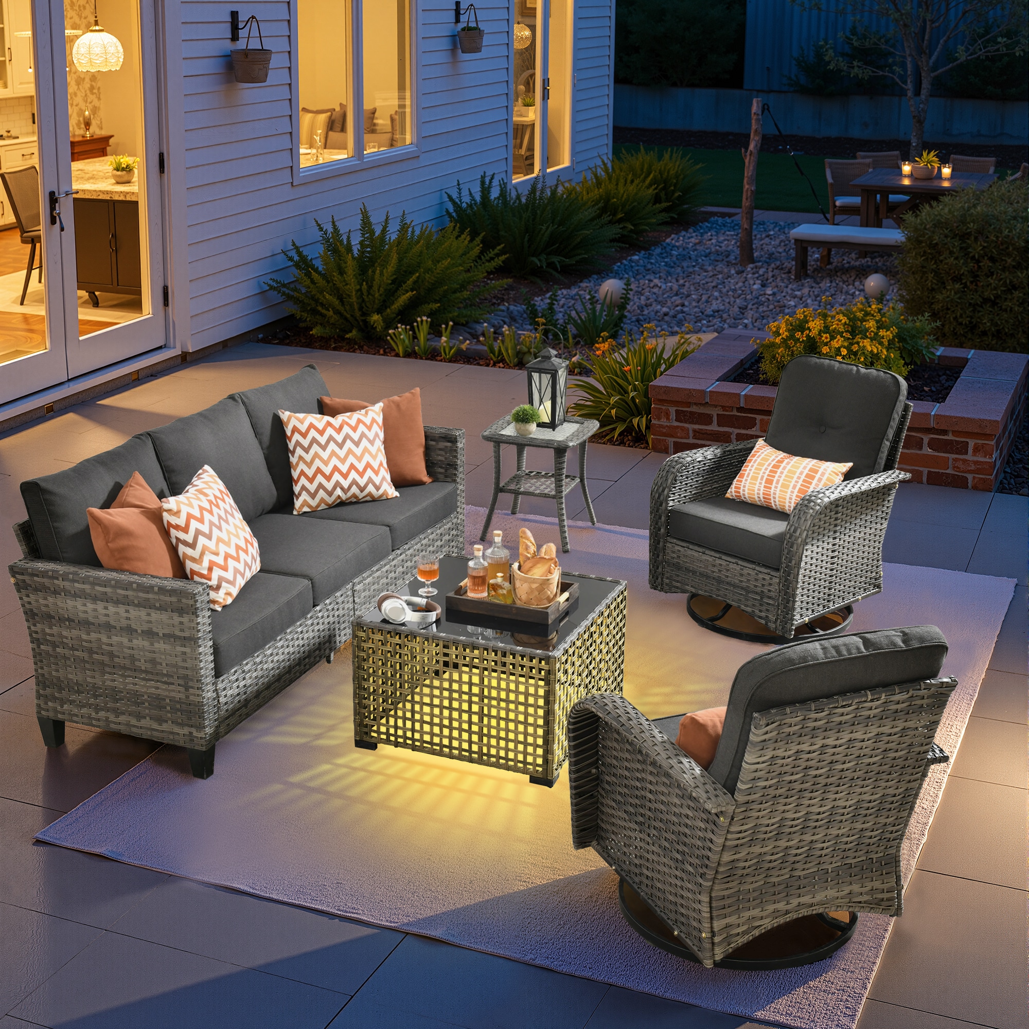 weaxty HMBYZGNCNGRS100S51 Initial 5 -Piece Wicker Patio Sofa Conversation Set with Black Cushions
