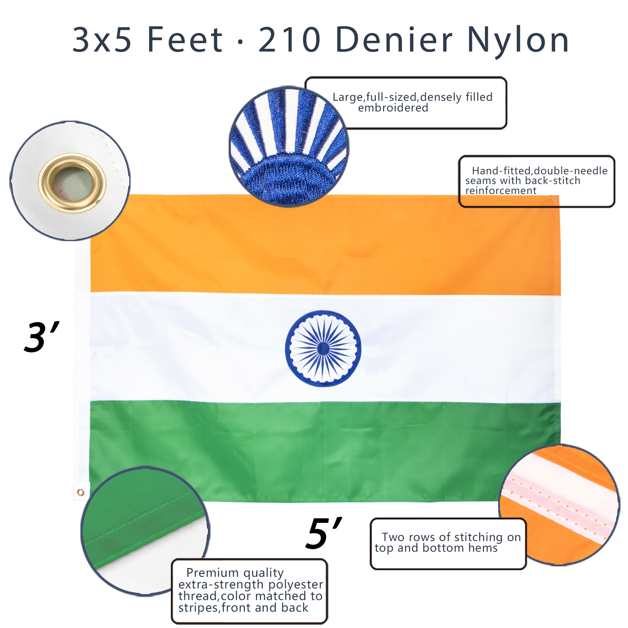 EverStrong 3x5 Feet Embroidered Nylon India Flag