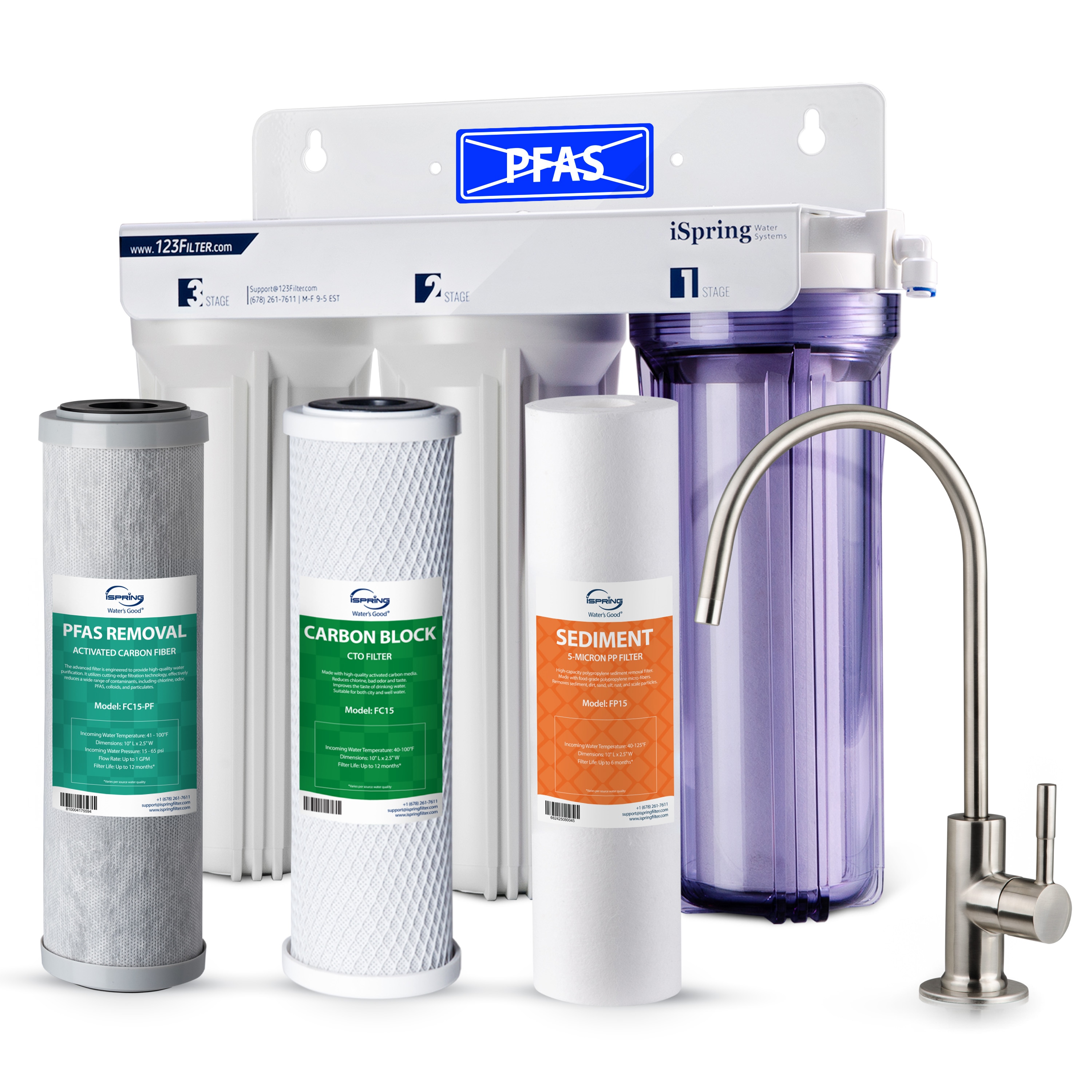 iSpring US31-PF  US31-PF Classic 3-Stage Under Sink Water Filtration System for Drinking SGS-Tested PFAS Reducing Tankless Under Sink Water Filter High Capacity Water Filter for Sink