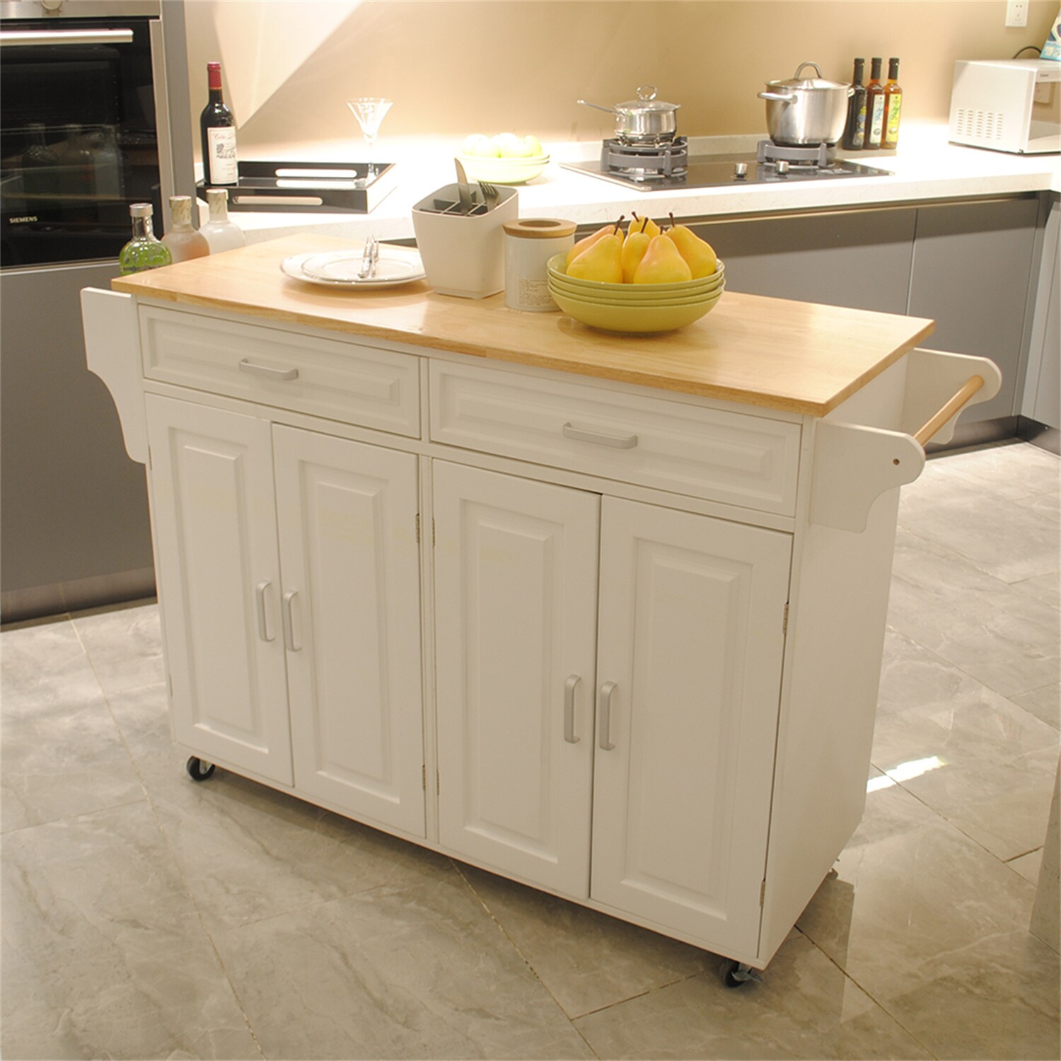 BABOOM White Mdf Base with Wood Top Rolling Kitchen Island (18.11-in x 53.93-in x 35.03-in)