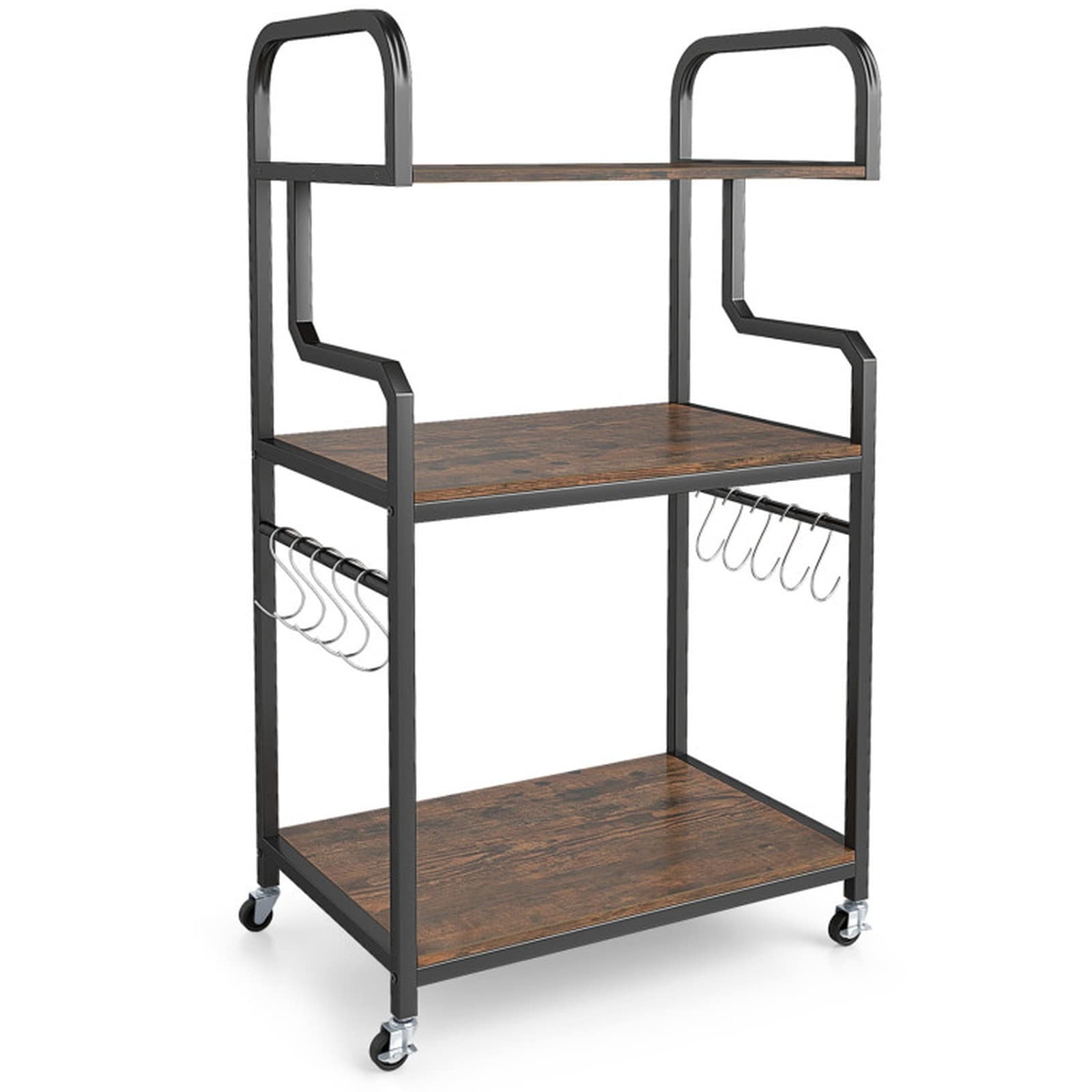 SUGIFT 3-Tier Rolling Printer Stand Cart with 10 Hooks Locking Casters Anti-Falling Guardrail and 254-lb Total Capacity for Home Office-Rustic Brown