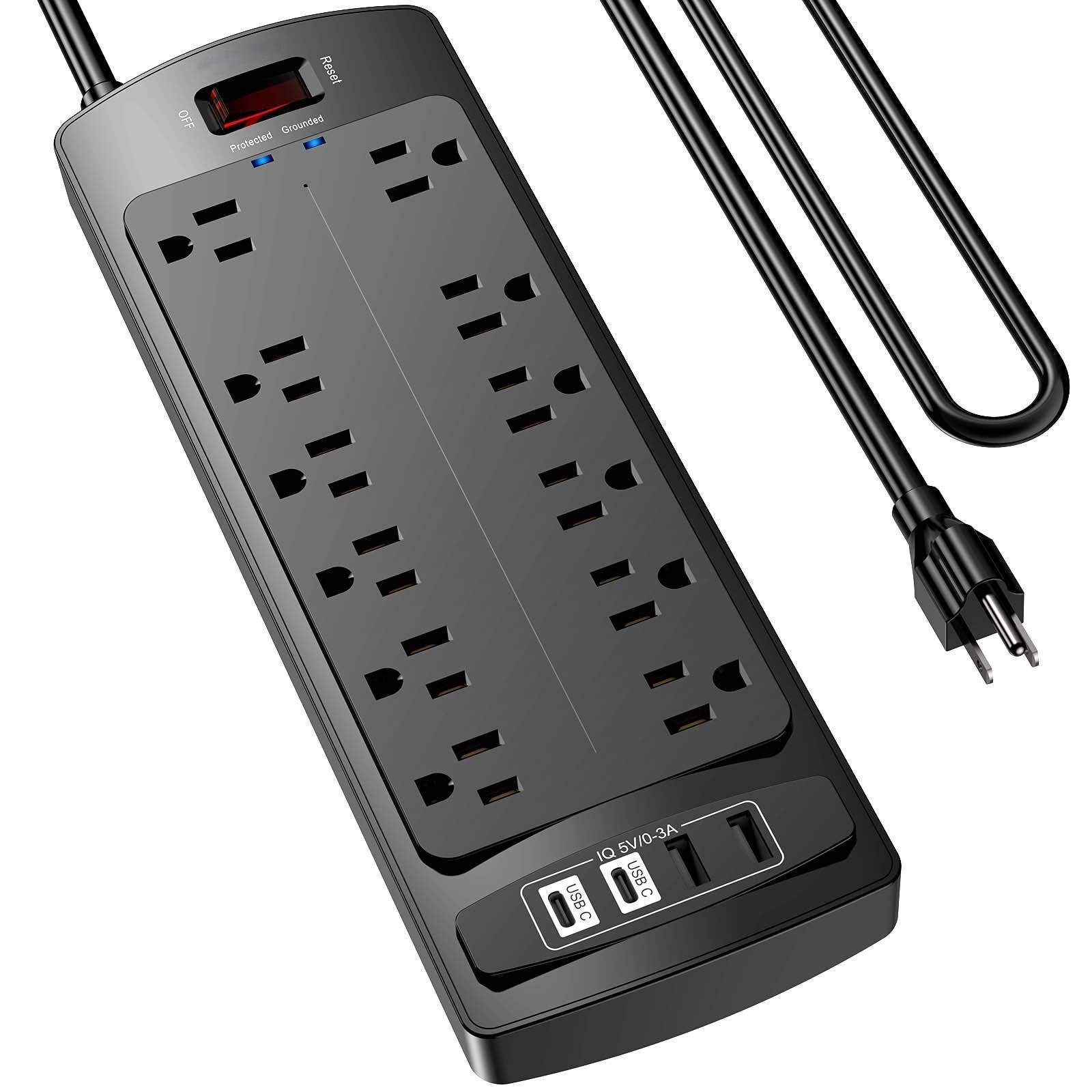 Anqtovp  6 ft Extension Cord Surge Protector Power Strip 12 AC Outlets 4 USB Ports 2 USB C 1875W 15A 2700 Joules ETL Certified 1 Piece Black