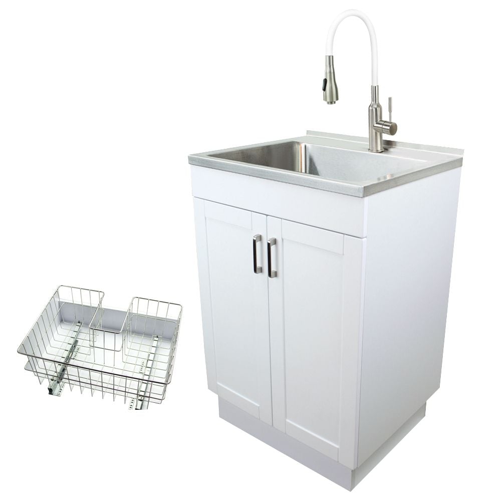 Transolid TCB-2420-WC 24-in Laundry Cabinet Sink Stainless Steel High Arc Faucet and Basket White