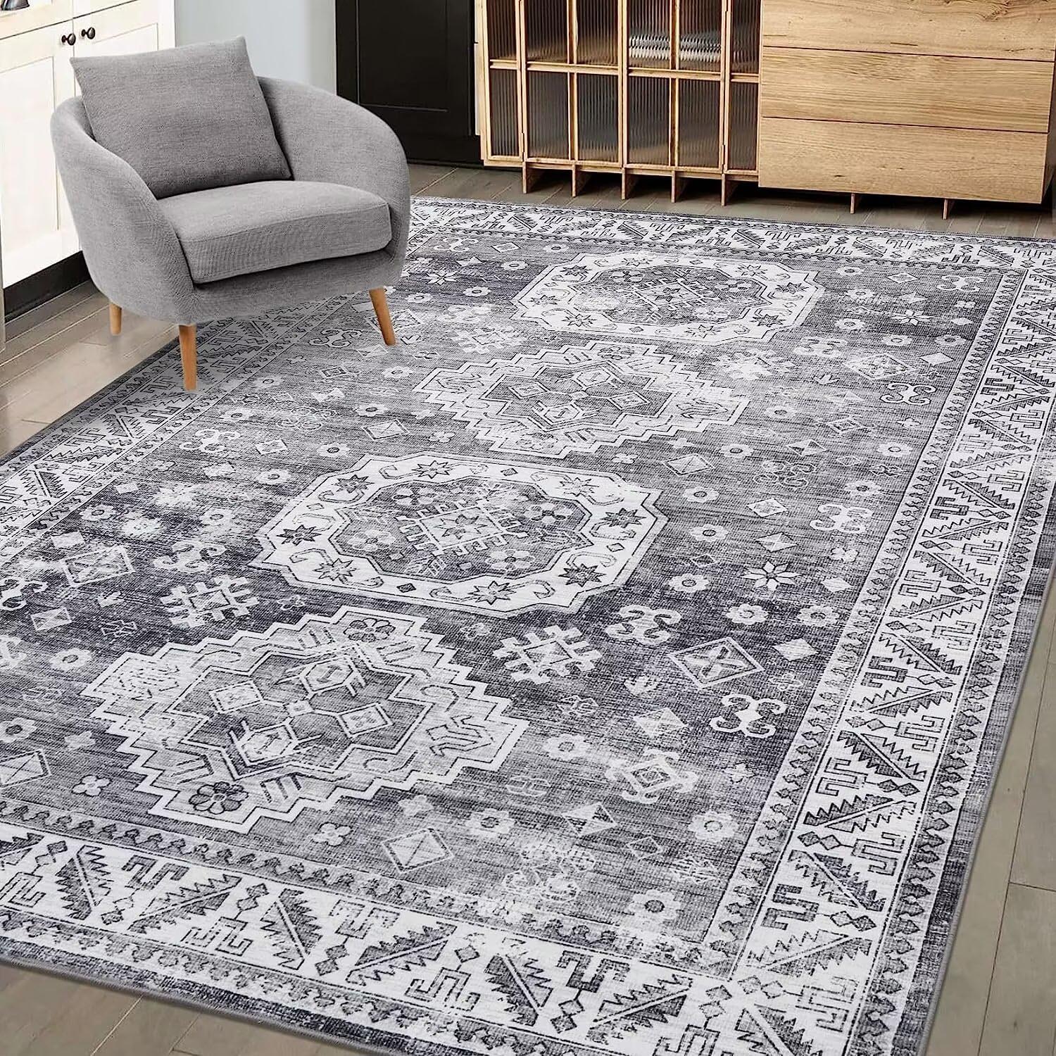 Garvee YXY-LO-PHO-0YJVK61F 5 x 7 (ft) Polyester Gray Rectangular Indoor Medallion Oriental Machine washable Area rug