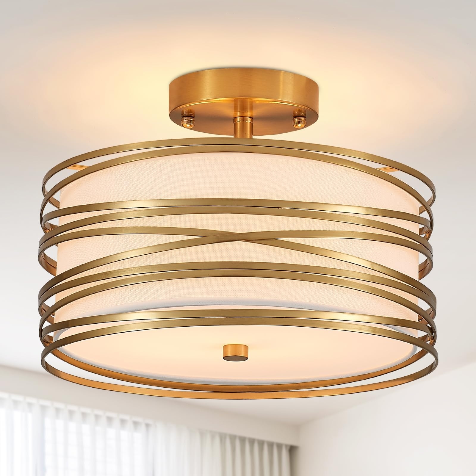 Oyezvary  1 Piece Gold Drum Semi Flush Mount Ceiling Light 12.2 in x 7.5 in Linen Fabric Shade Modern Farmhouse Fixture for Bedroom Hallway Kitchen Entryway Dining Laundry
