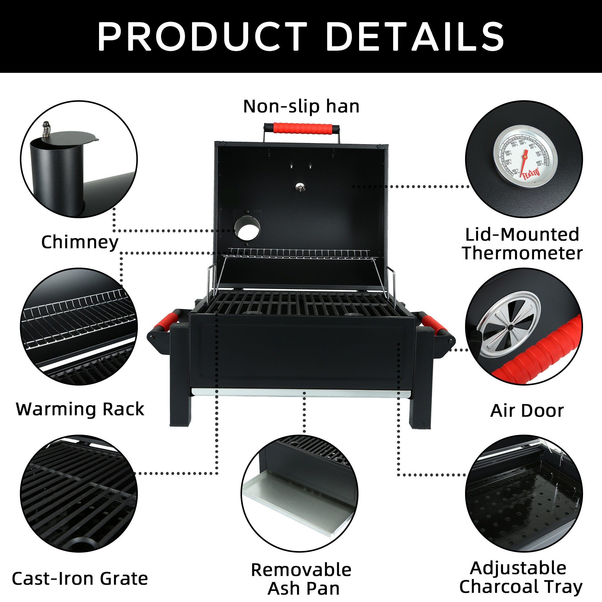 Feasto 26.8'' Black Portable Charcoal Grill with Cast Iron Grate