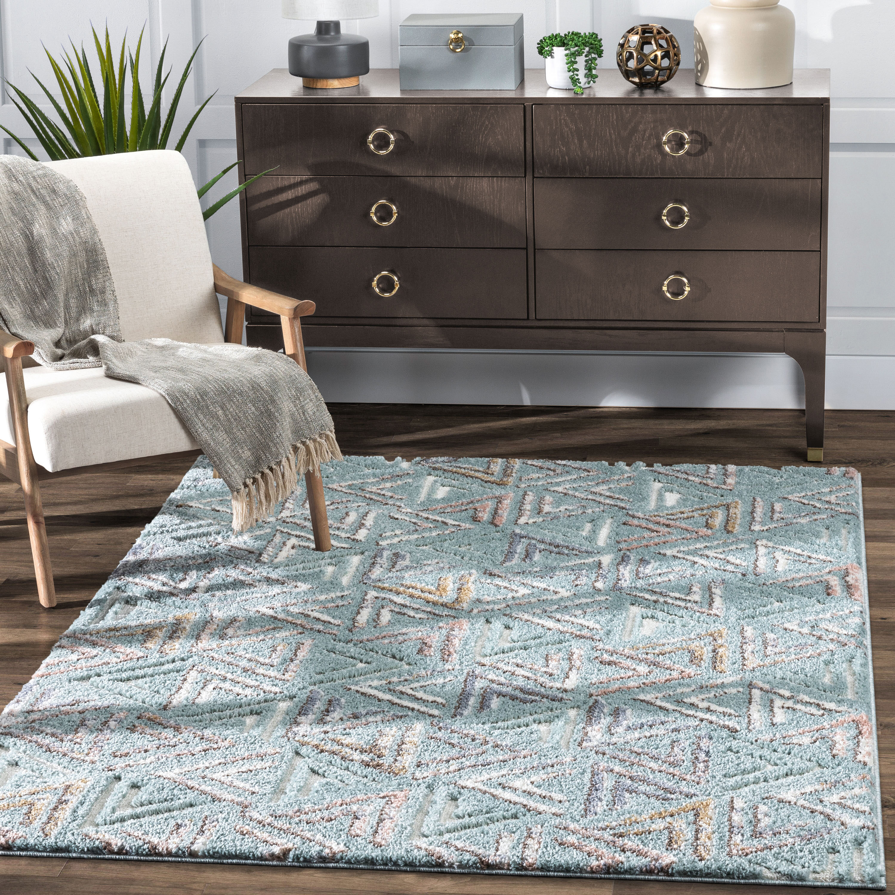 Well Woven DEL-56-4 Delia 3 x 5 (ft) Loomed Polypropylene Light Blue Rectangular Indoor Geometric Mid-Century Modern Area rug