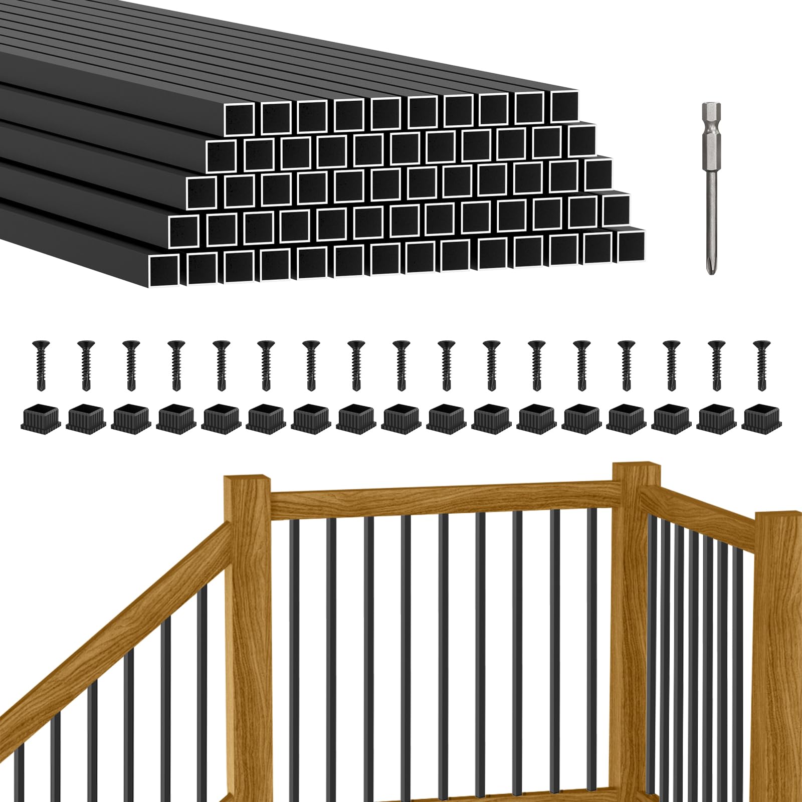 Phewnyzo  60 Pack 32 Square Aluminum Deck Balusters 3/4 Black Aluminum Deck Spindles with Anti UV Black Baluster Connectors Hollow Metal