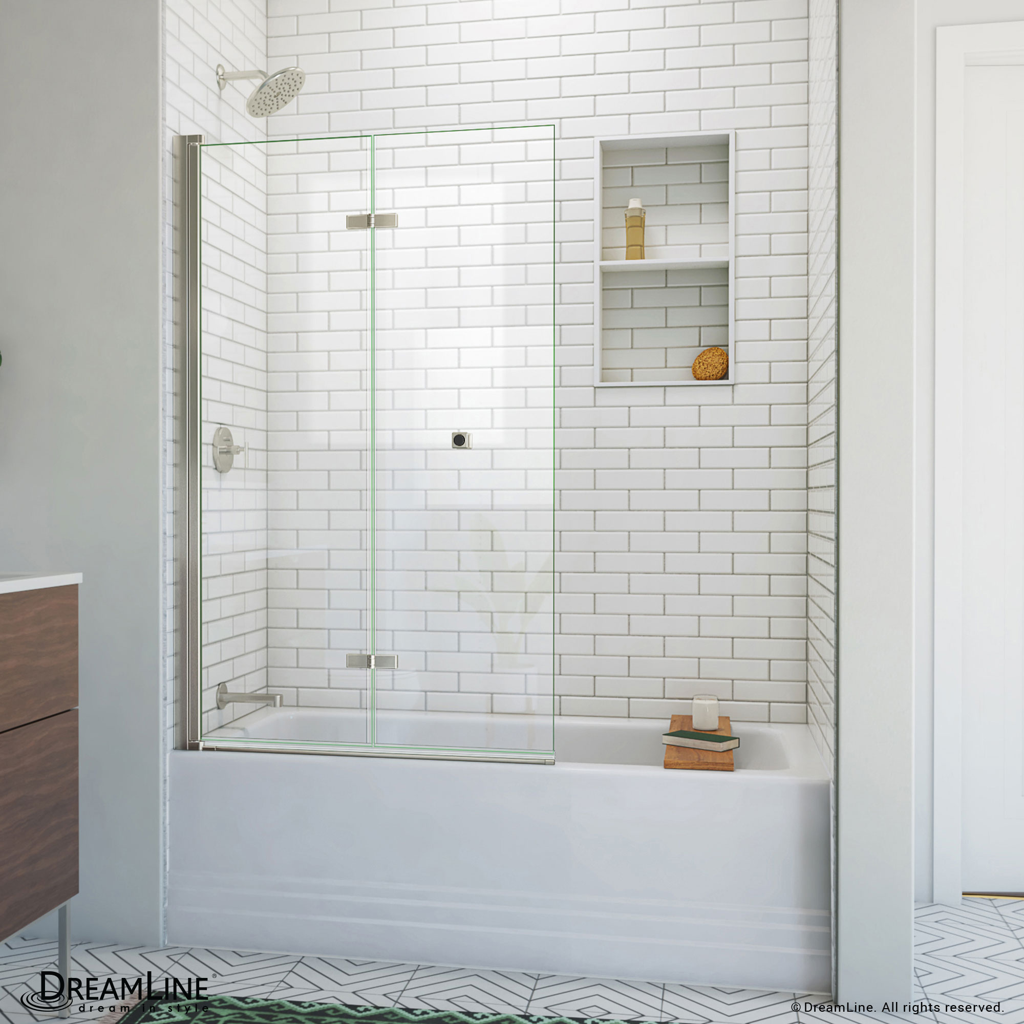 DreamLine SD-363658Q-04 Aqua-Q Fold Brushed Nickel 36-in W x 58-in H Frameless Bifold Bathtub door