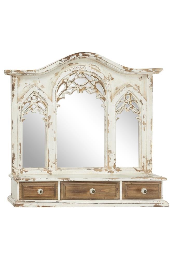 Grayson Lane 35473 35.5 x 34 3-Mirror White Wood Cathedral Window Frame Wall Mirror with 3 Drawers