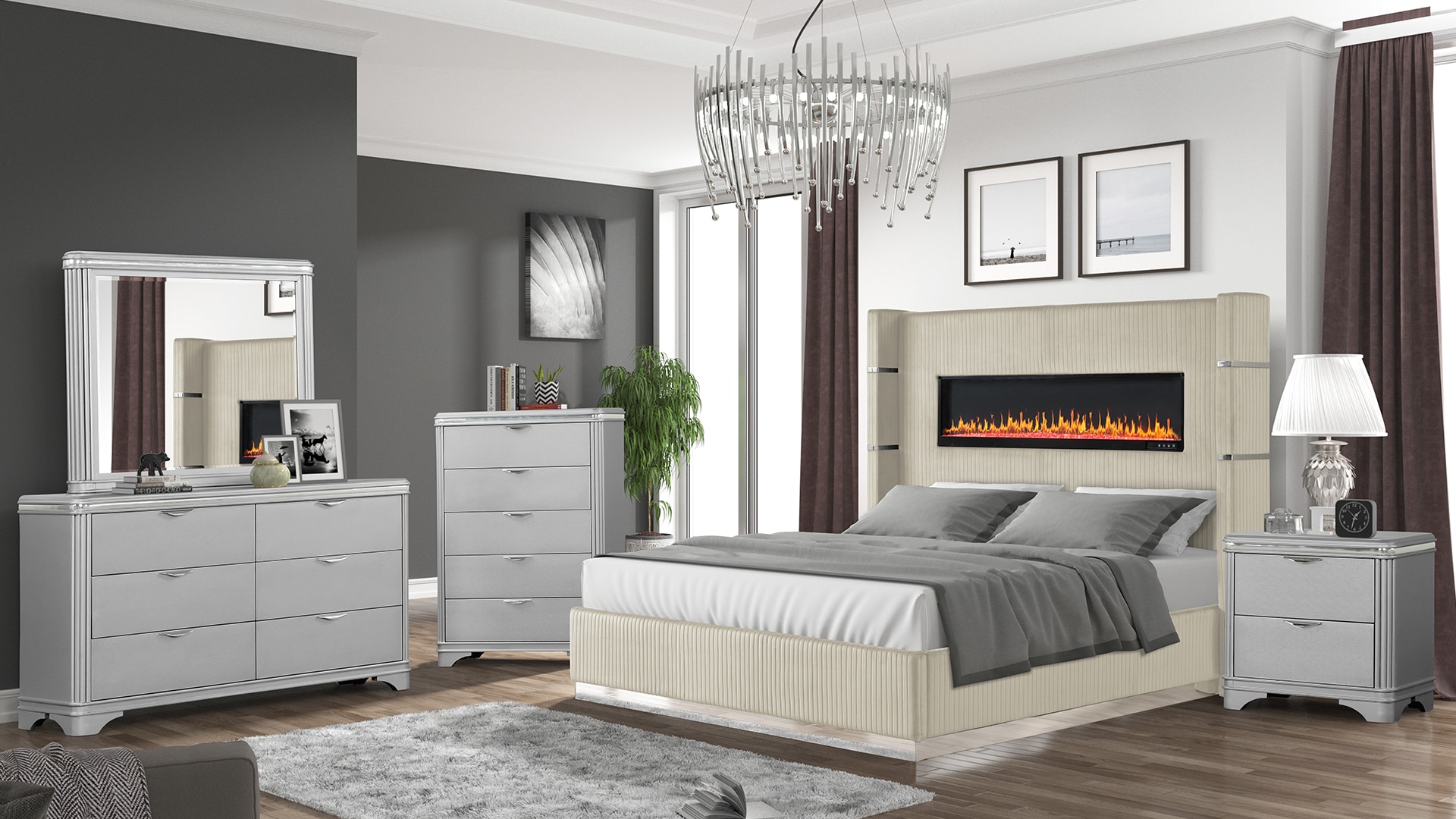 Elegant Beige Velvet King Bed with Ambient Fireplace Display