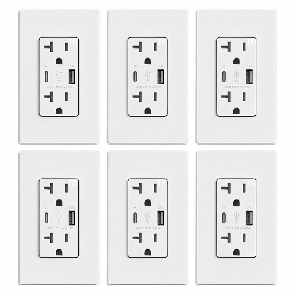 Misopily  6 Pack 20 Amp Duplex USB Wall Outlet Type A and Type C High Speed Charging Tamper Resistant Receptacle Matte White Wall Plate Included