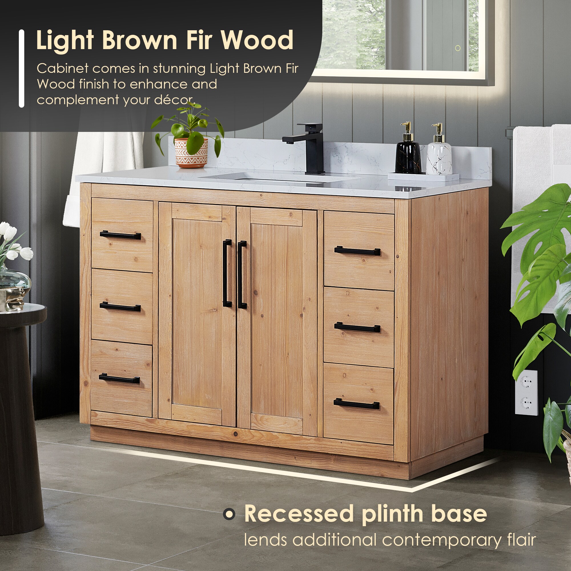 Cicero 48" Light Brown Fir Wood Vanity with White Stone Top and Mirror