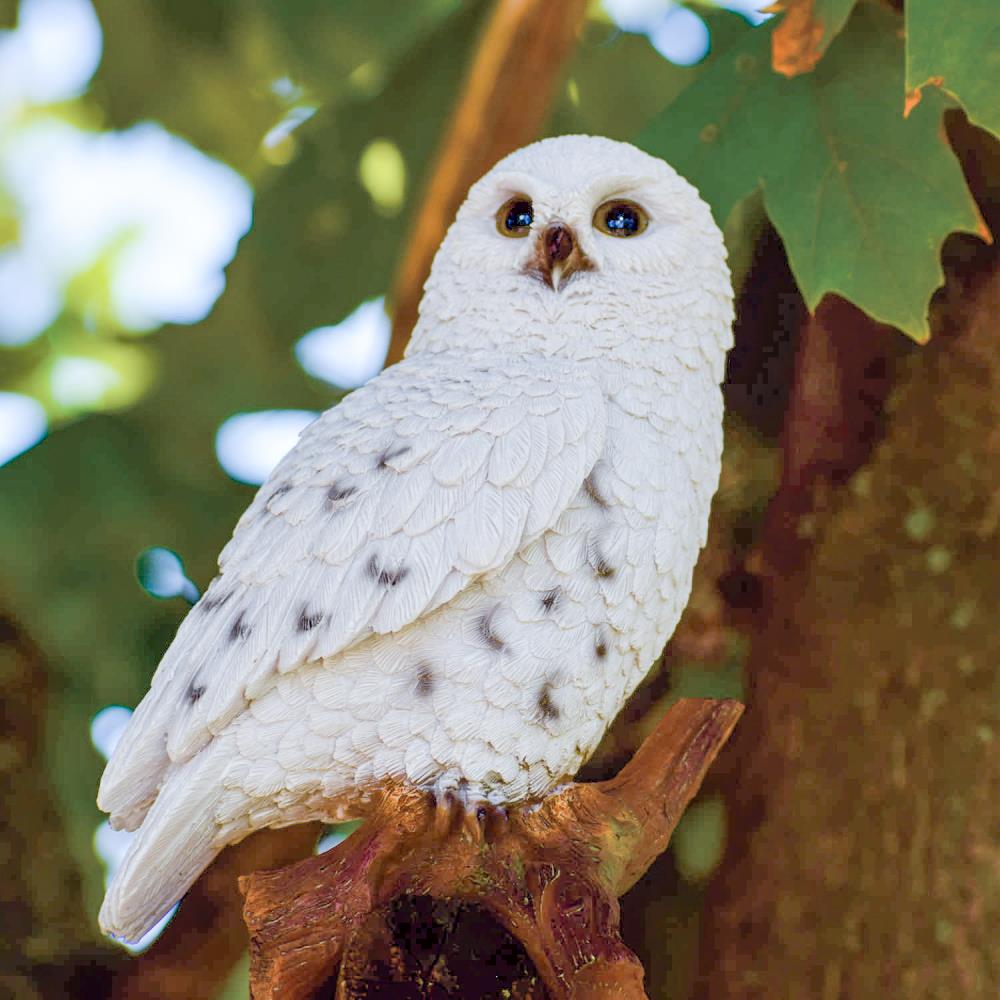 White Polyresin Snowy Owl on Brown Stump Garden Statue