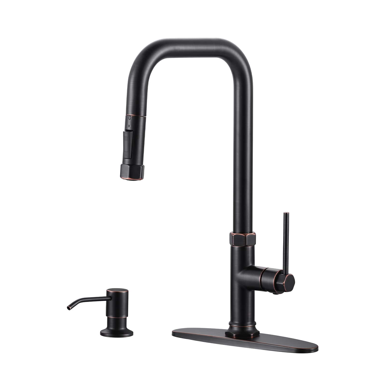 ALEASHA Brass Single Handle Pull Down Sprayer Kitchen Faucet with 2-Mode Advanced Spray and Soap Dispenser in Oil-rubbed Bronze