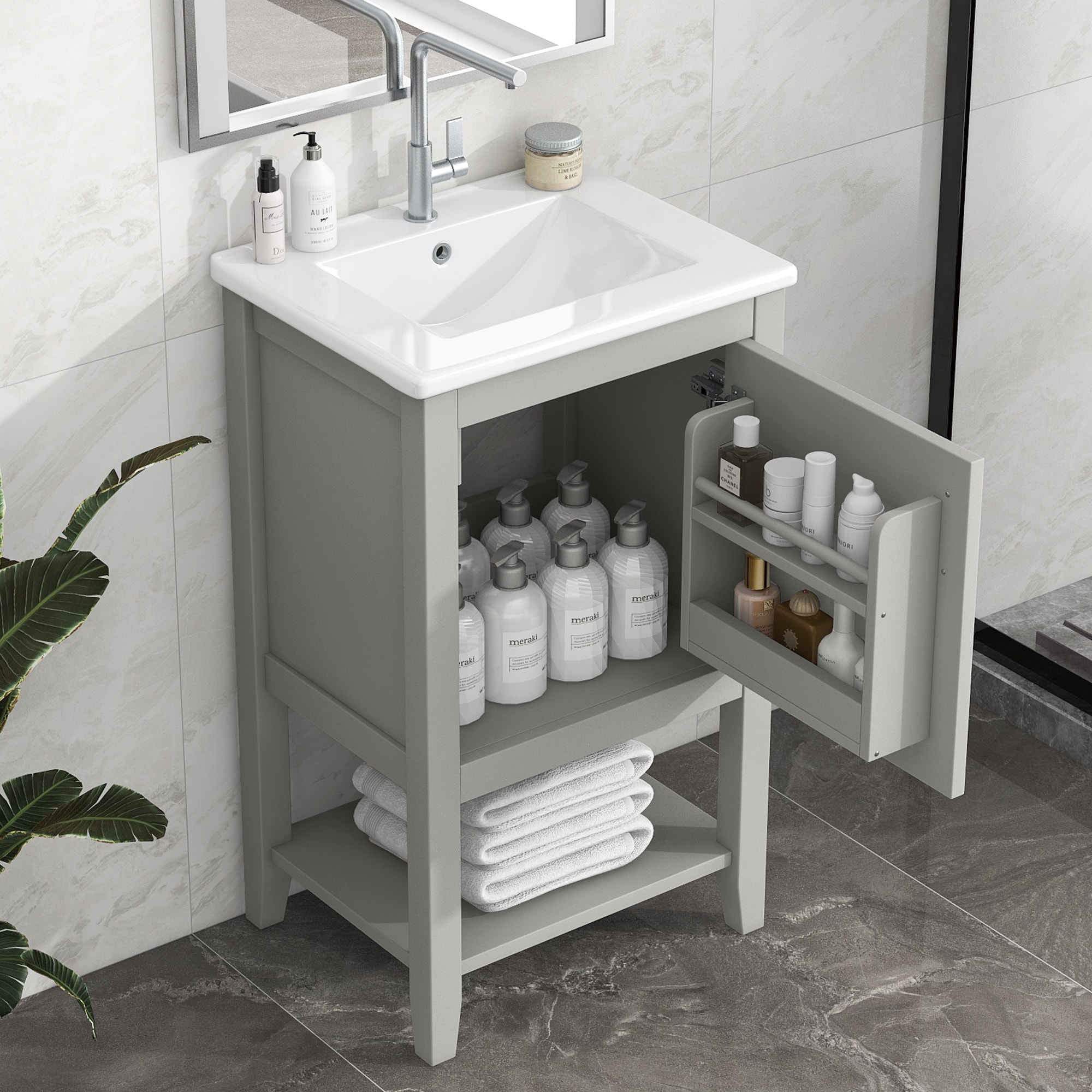 ModernLuxe L3P-WF308492AAE 20inch Bathroom Vanity with Sink Bathroom Cabinet with Soft Closing Door Storage Rack and Open Shelf Grey