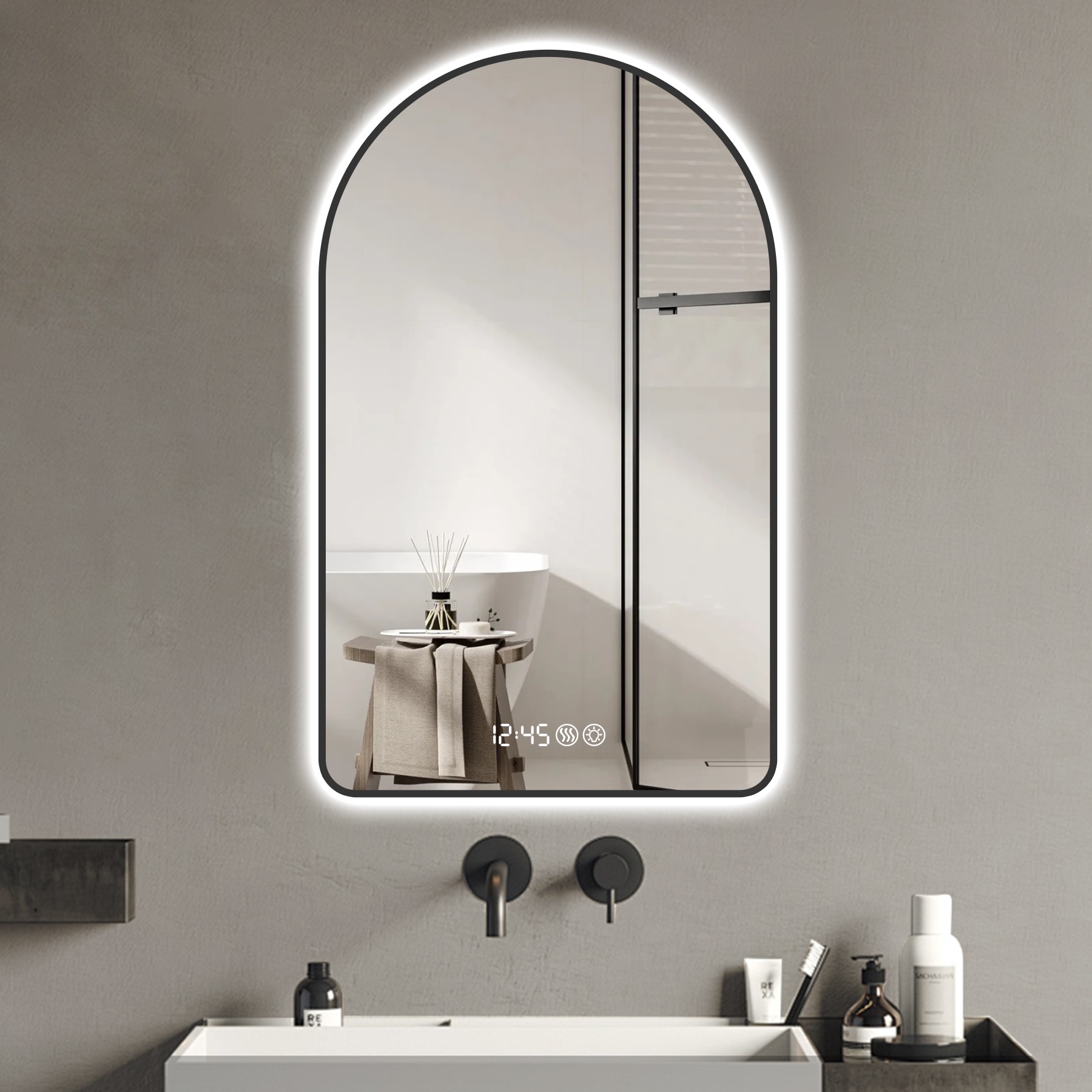 Boyel Living 32 by 60 Inch Arched LED Mirror for Bathroom with Time and Temperature Display Black Frame #BL-LH-29053