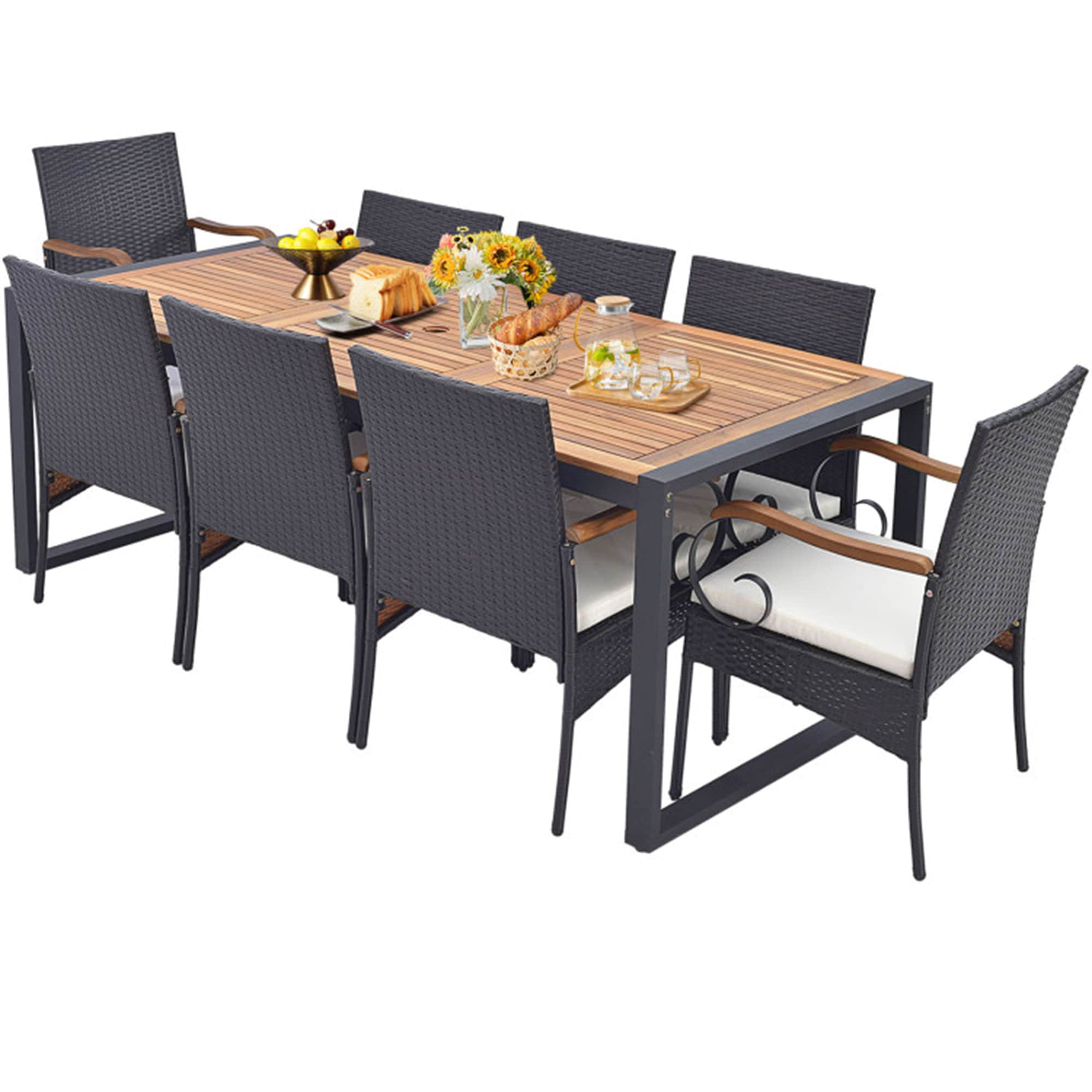 BABOOM BOM-5006AAD-OR Patio Rattan Dining Set 9 -Piece Mix Brown Rattan Patio Dining Set Wood Rectangle Table with 8 Off-white Cushions Stationary Chairs