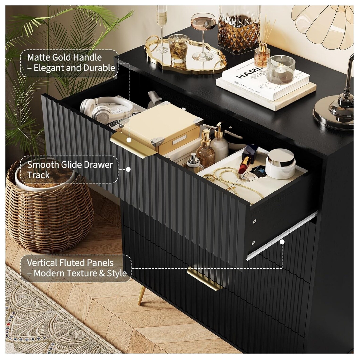Garvee Fluted 4 Drawer Dresser for Bedroom Modern Minimalist Chest of ...