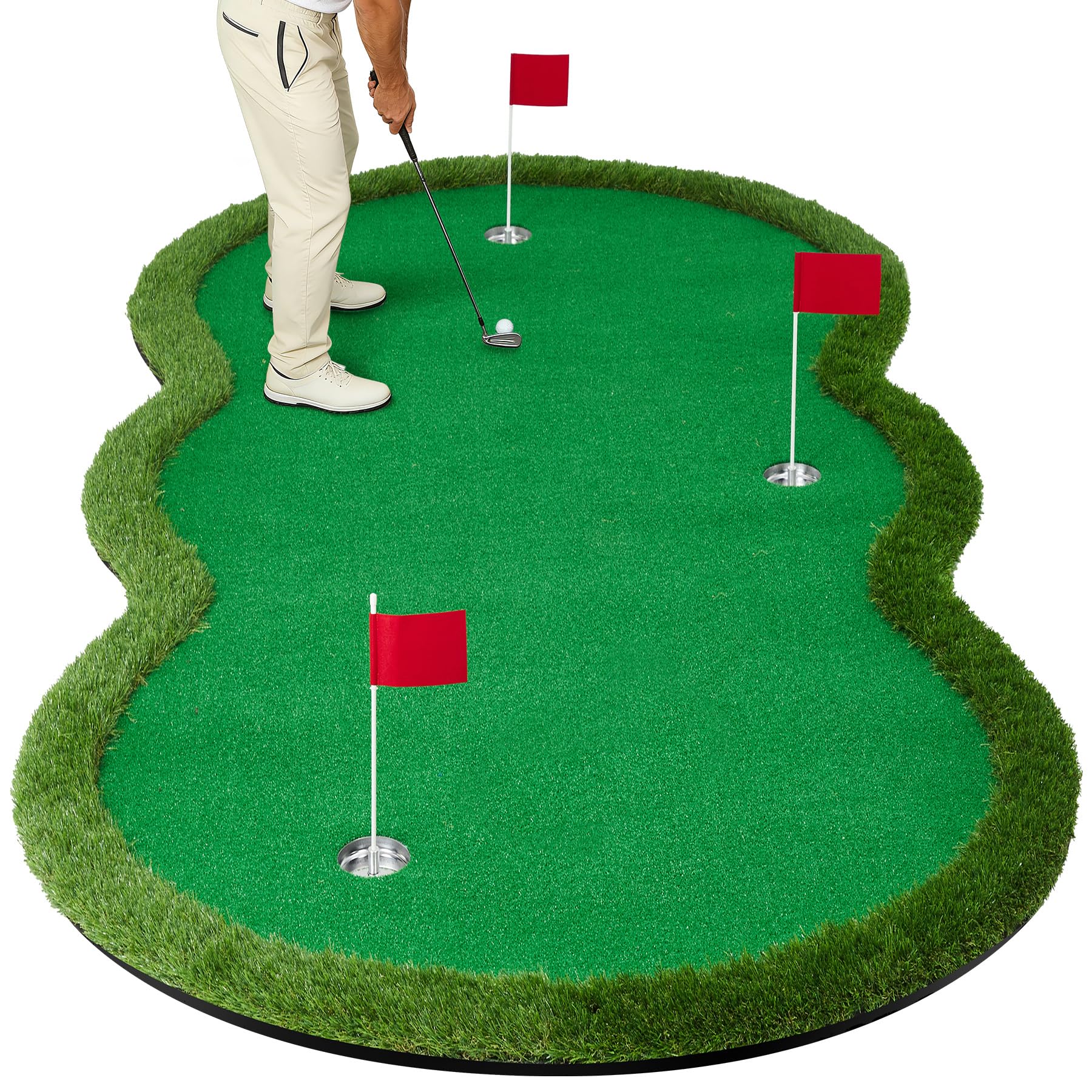 IdealHouse 10x5ft Golf Putting Green Indoor Outdoor Professional Putting Green Golf Putting Mat with 3 Metal Cups and Flags Realistic Surface Complete Portable Putting Green Set for Home and Office